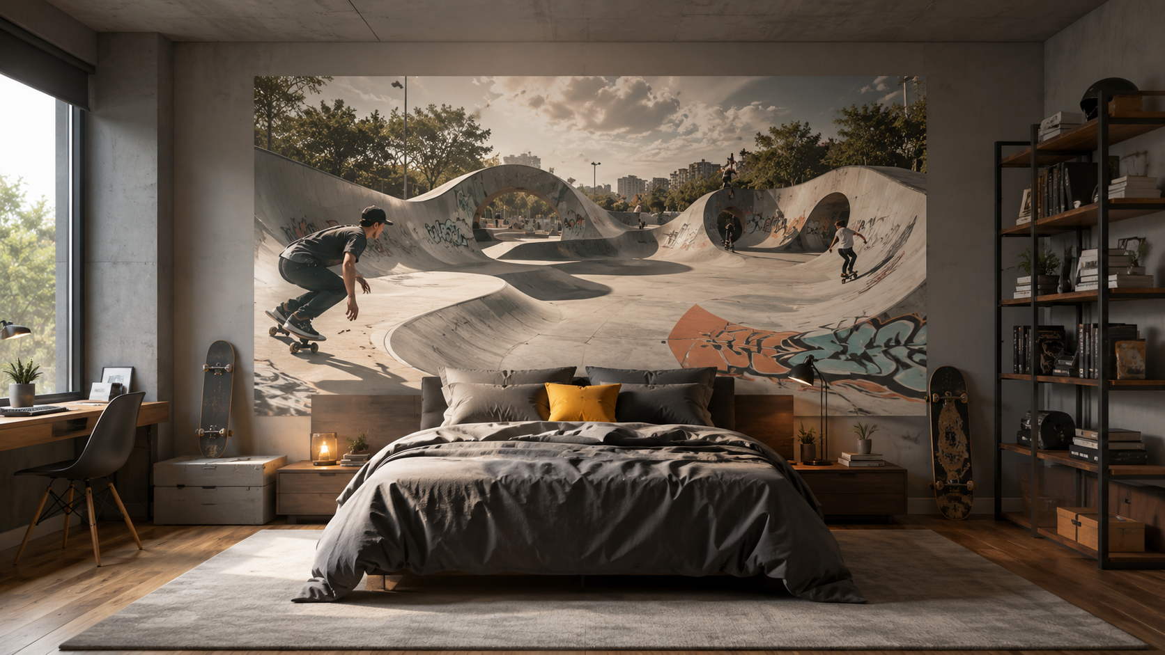 Une chambre d'ado avec un univers Skate