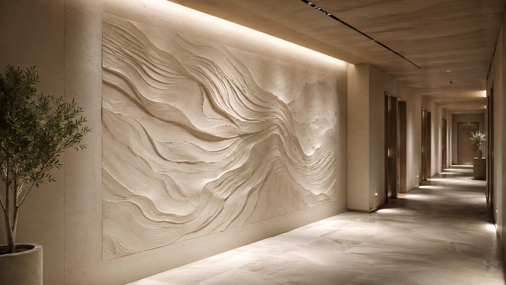 Exemple de couloir d'hôtel avec une impression pierre