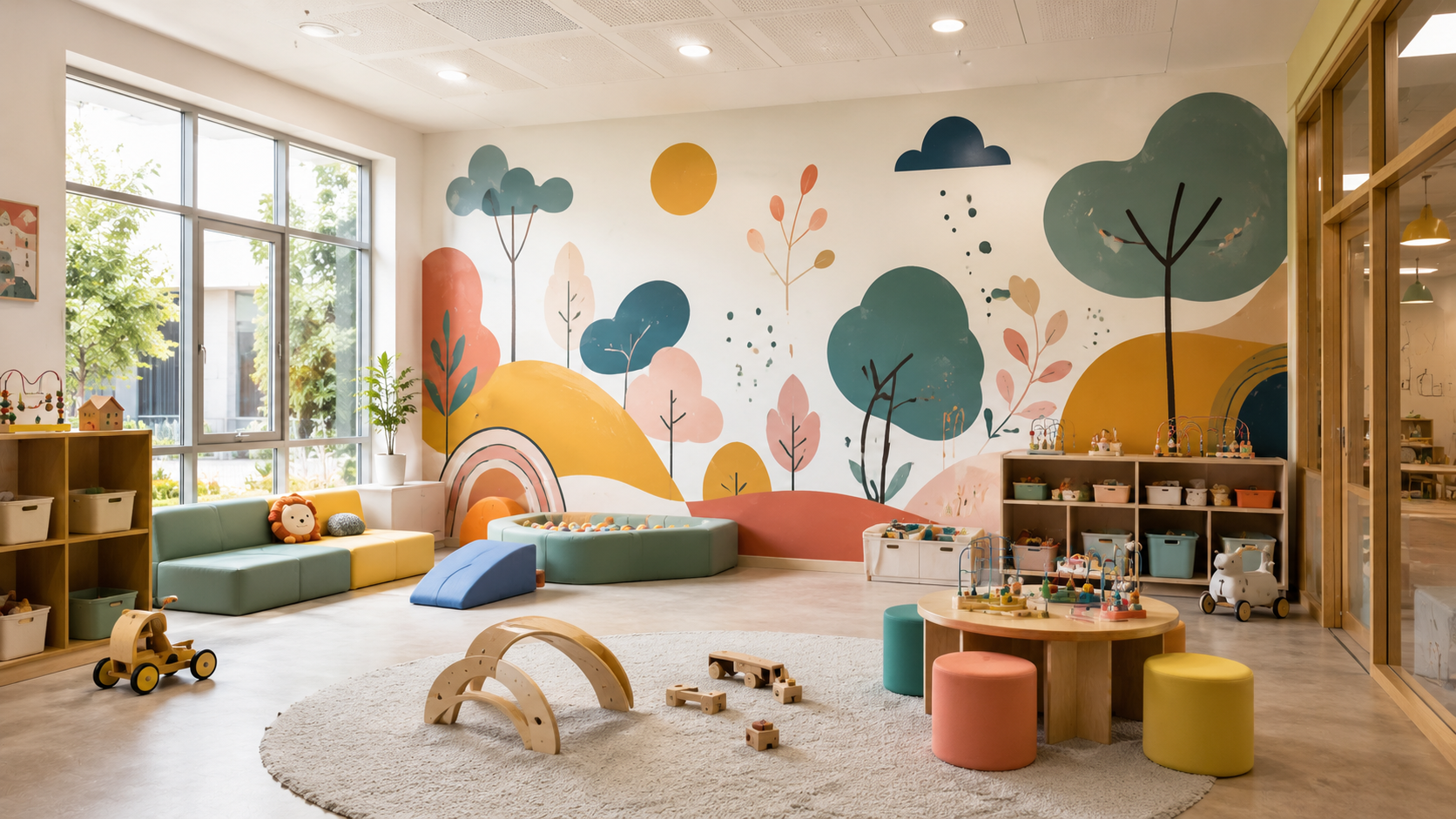 exemple d'une crèche avec un mur coloré en impression murale