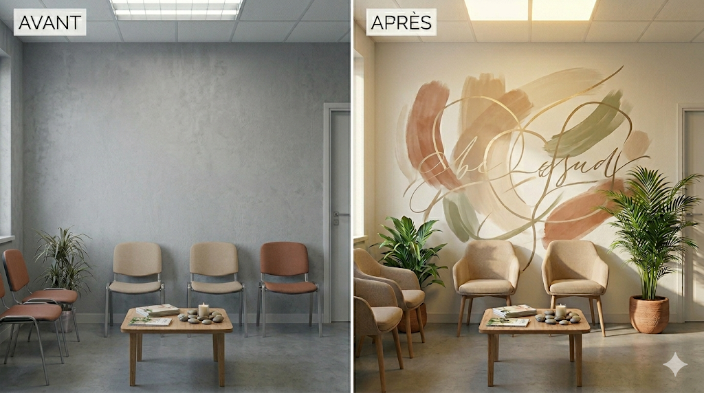 Exemple de salle d'attente avec un avant après en impression murale