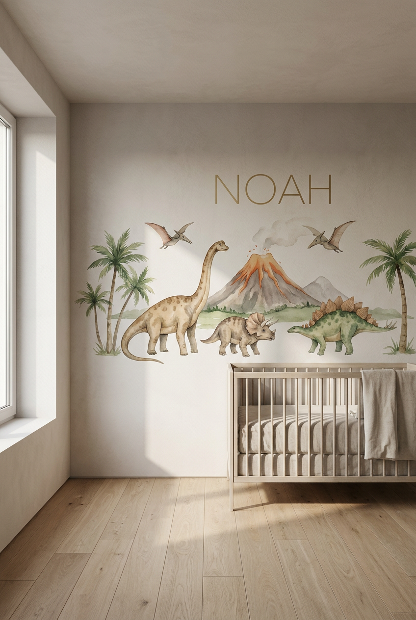 chambre 'enfant dinosaure avec impression murale
