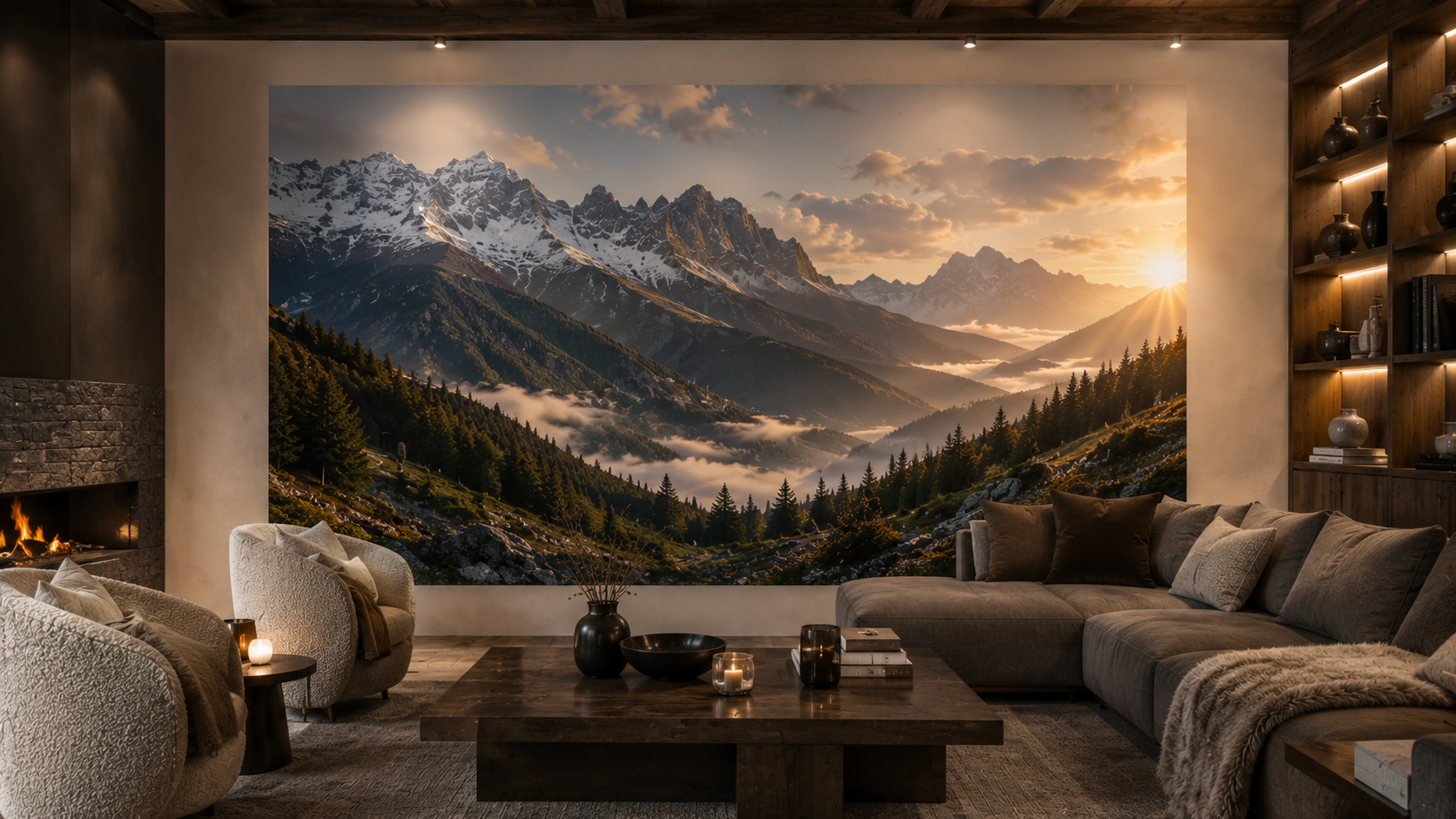 Exemple de salon avec une vue montagne