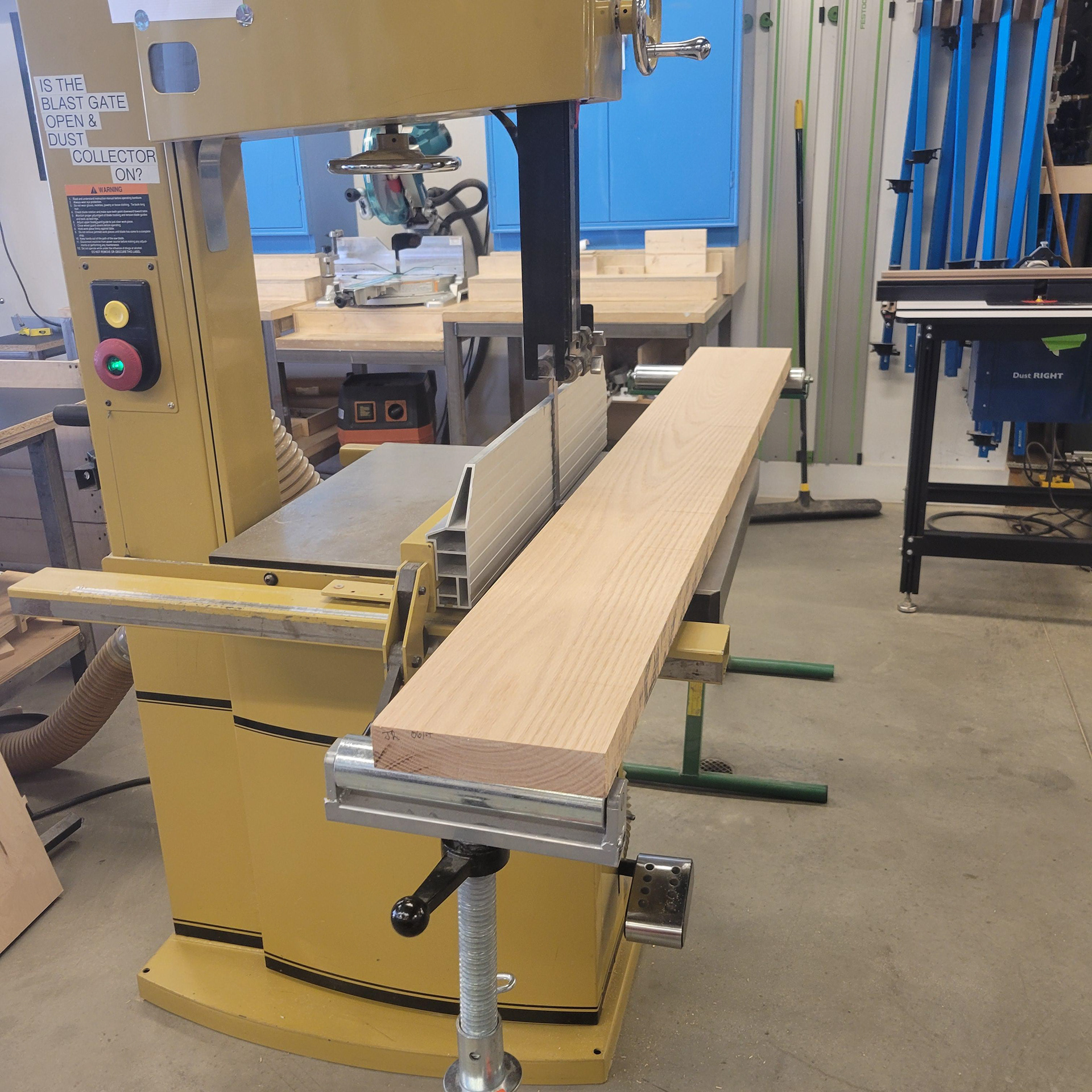 Cutting veneers with a bandsaw.