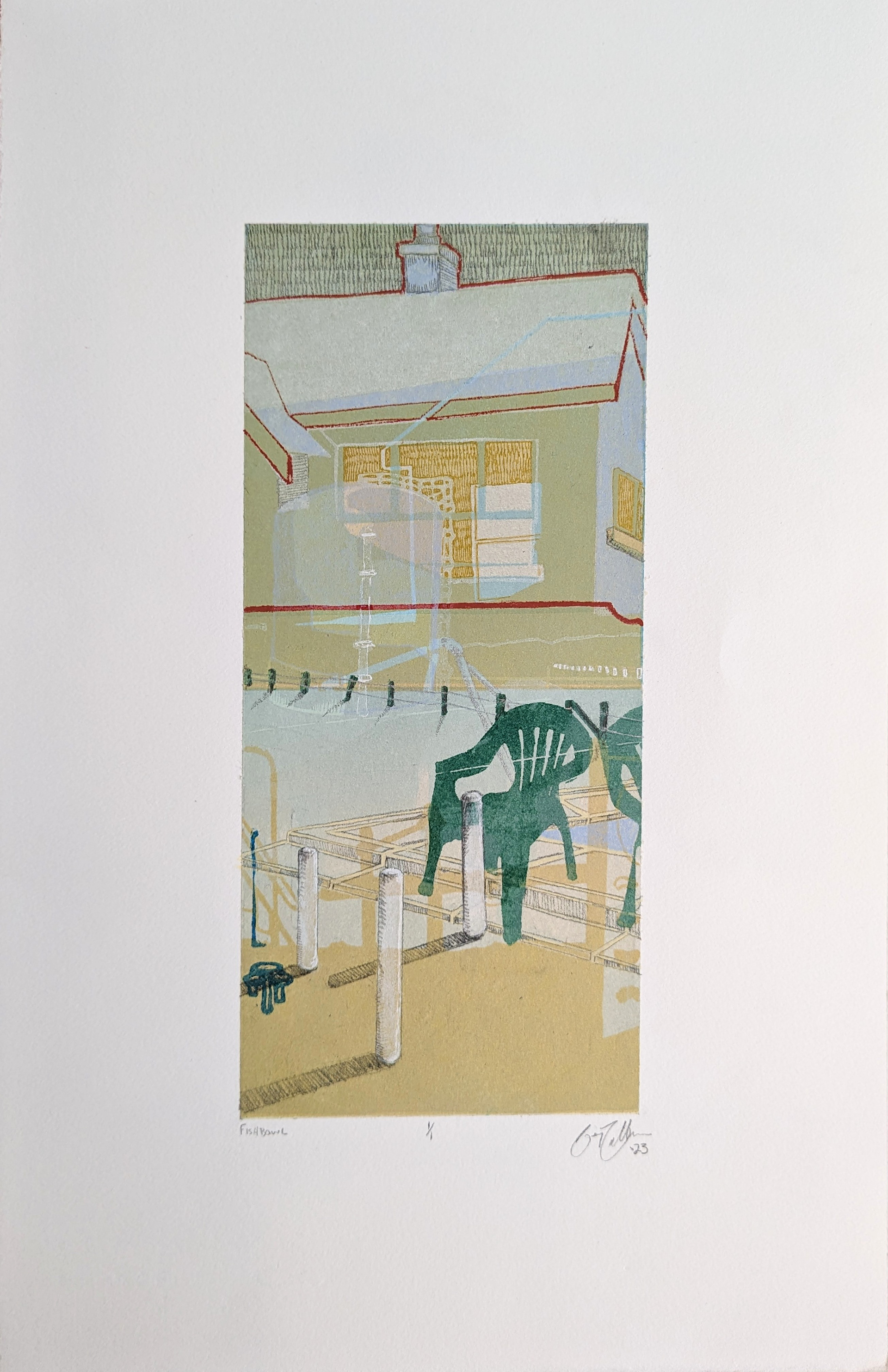 Fishbowl, 5'' x 11'' multi block reductive linoleum cut with graphite, drafting pencil, gel pen, and acrylic paint pen, 2023