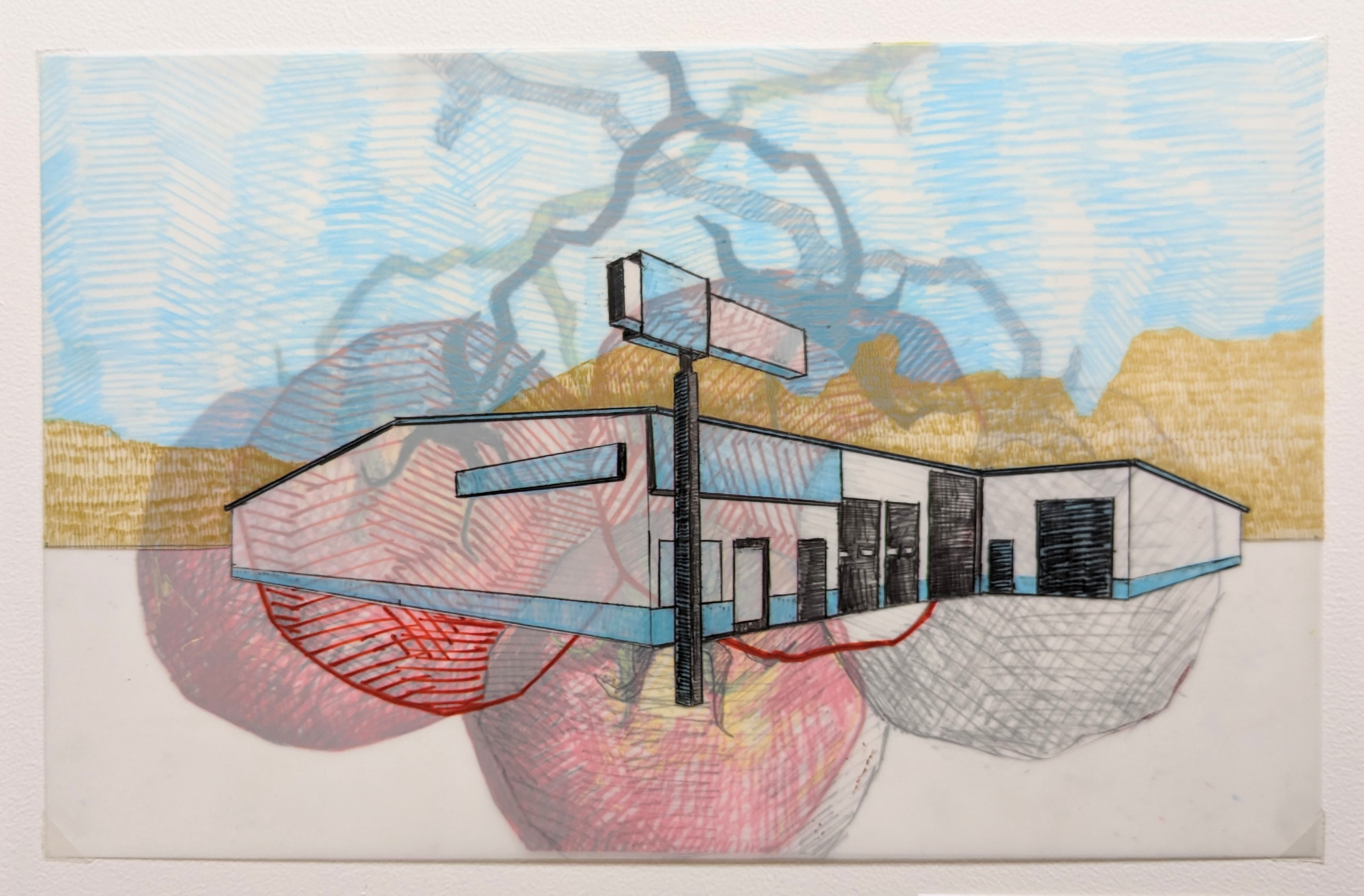 Layered Sketchbook Project 3, 11'' x 7'', drafting pencil, graphite, gel pen, and paint marker on frosted mylar, 2023