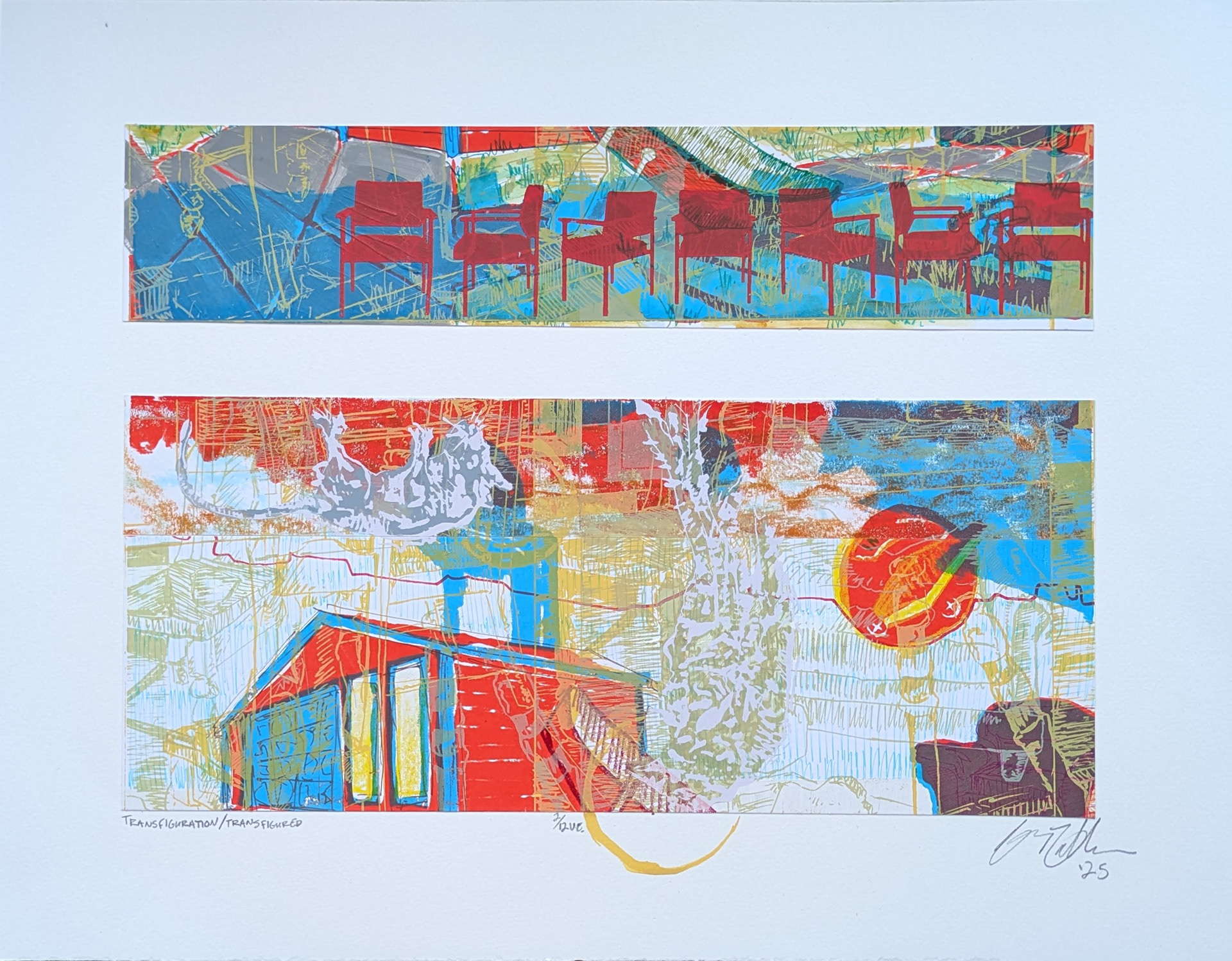 Transfiguration/Transfigured, 2/12V.E, 18" x 14" multiple silkscreen print with frottage, hand drawing, and collage, 2025