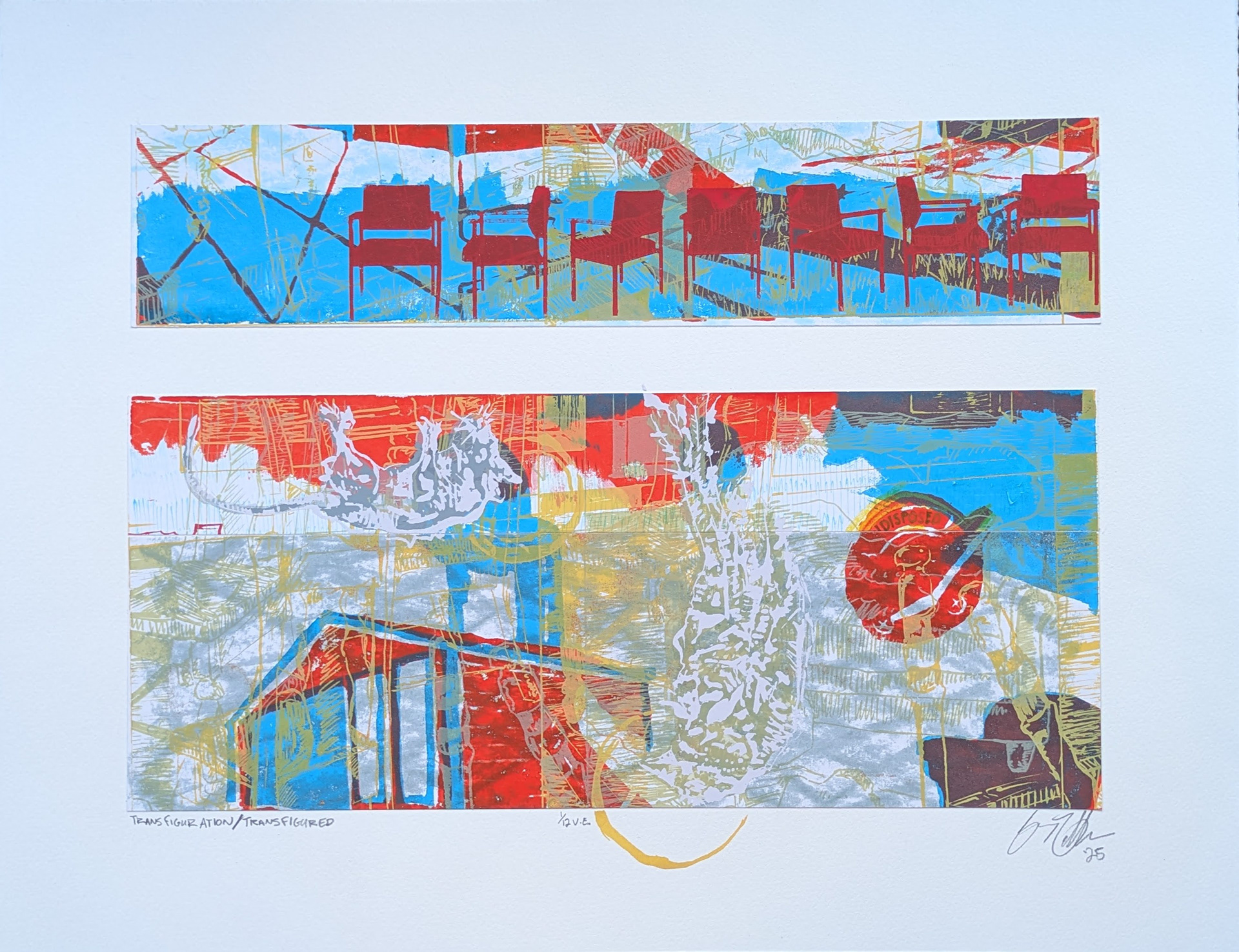 Transfiguration/Transfigured, 1/12V.E, 18" x 14" multiple silkscreen print with frottage, hand drawing, and collage, 2025