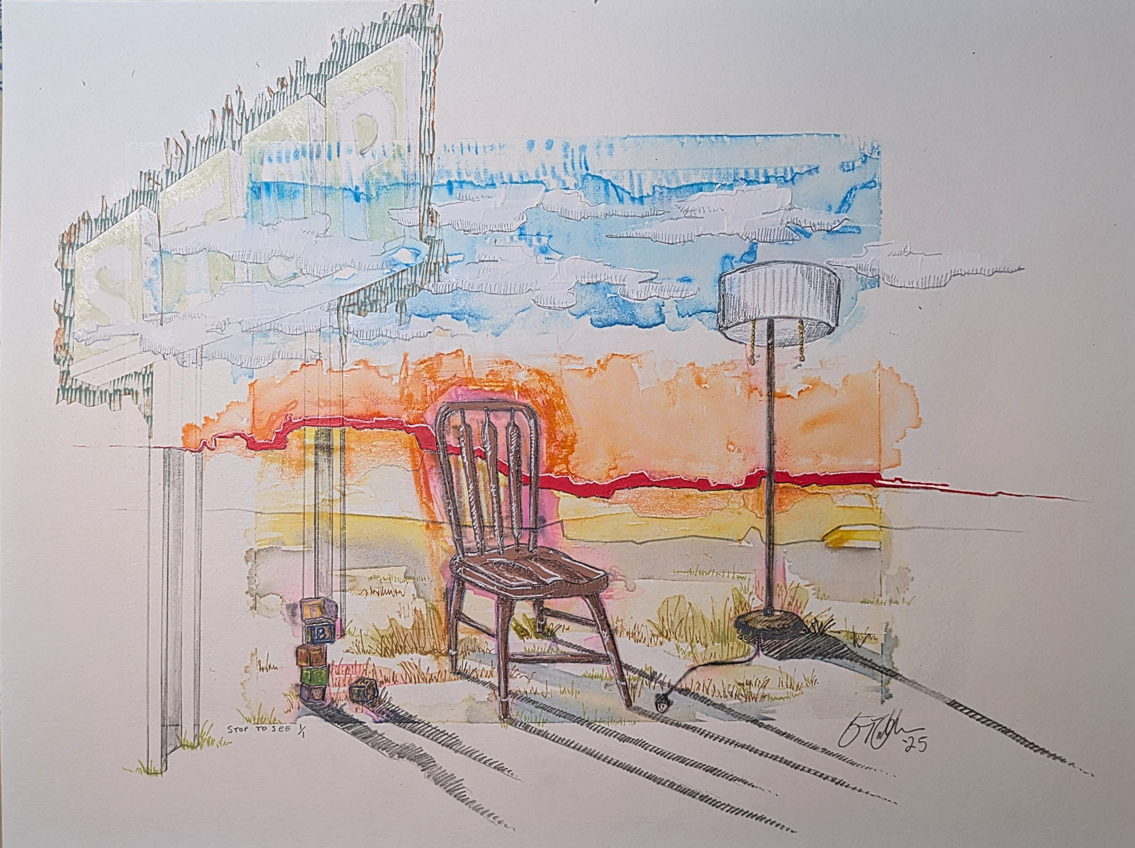 Stop to See, 16'' x 12'' watercolor screenprint monotype with graphite, acrylic paint, gel pen, and collaged woodcut print, 2025