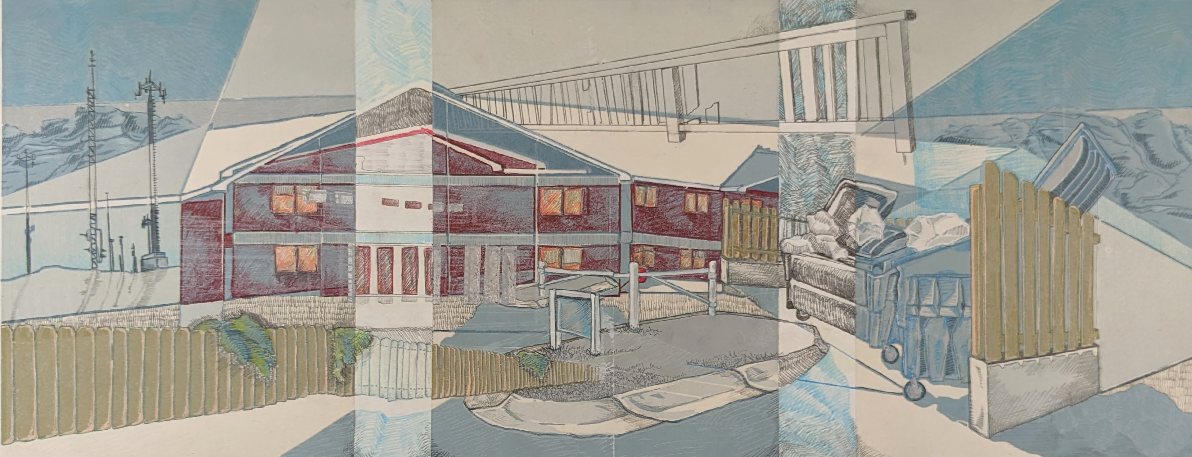 Assisted Living (Joanie), 39'' x 20'', reductive linoleum cut print with silkscreen printing, graphite, drafting pencil, colored pencil, and paint marker, 2022