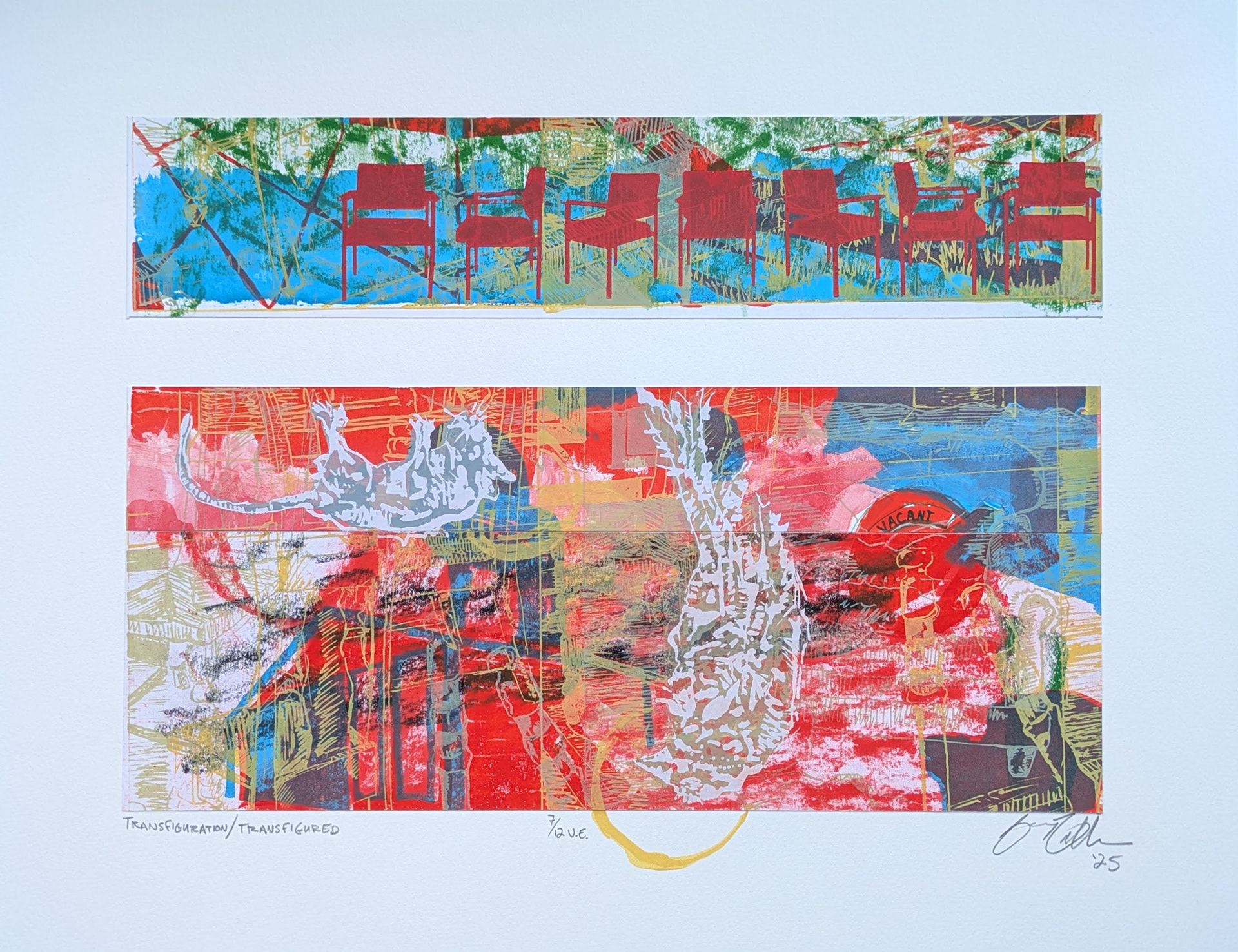 Transfiguration/Transfigured, 7/12V.E, 18" x 14" multiple silkscreen print with frottage, hand drawing, and collage, 2025