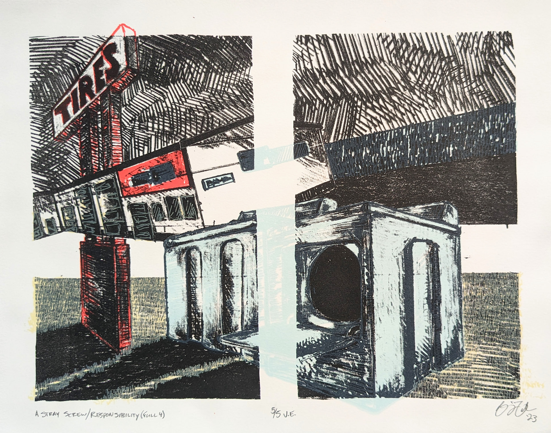 A Stray Screw/Responsibility (Full 4), 14'' x 11'', Stone Lithography with Screen Printing, 2023