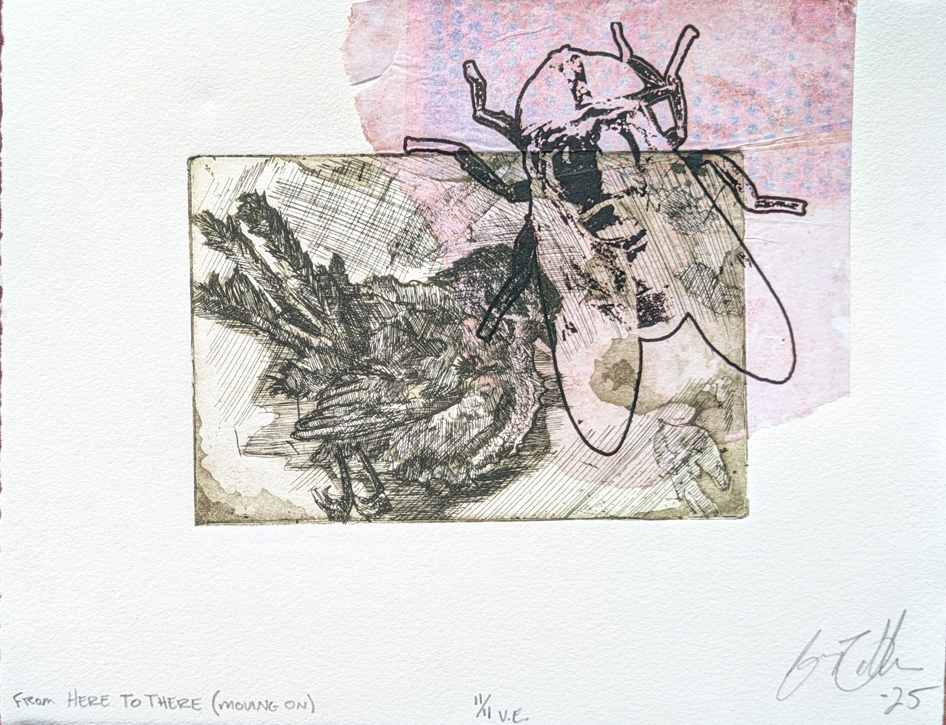 From Here to There (Moving On), 11/11 V.E., Intaglio Etching with Chine Collé, 10'' x 8'', 2025