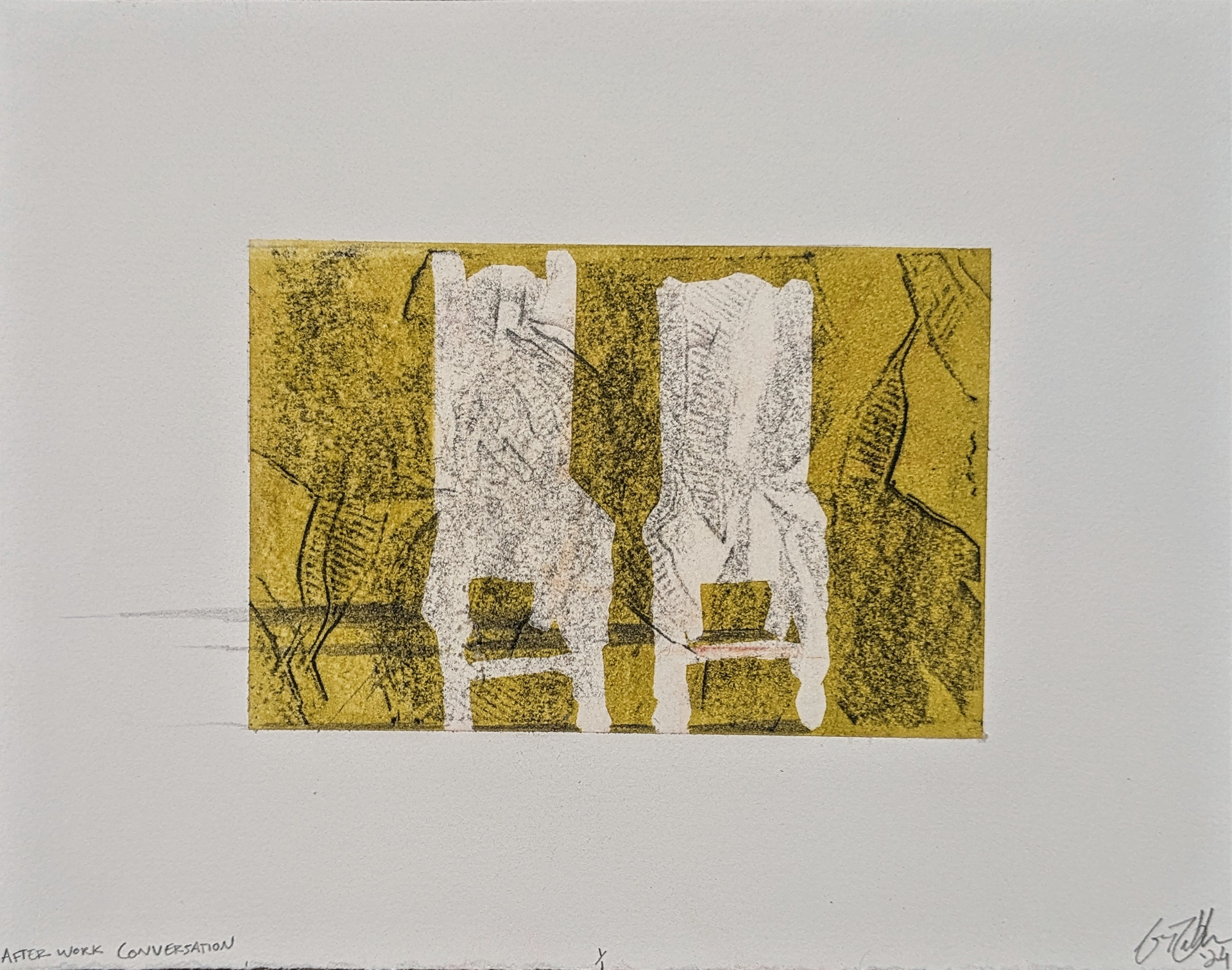 After Work Conversation, 10'' x 8'' frottage and monotype with graphite, 2024