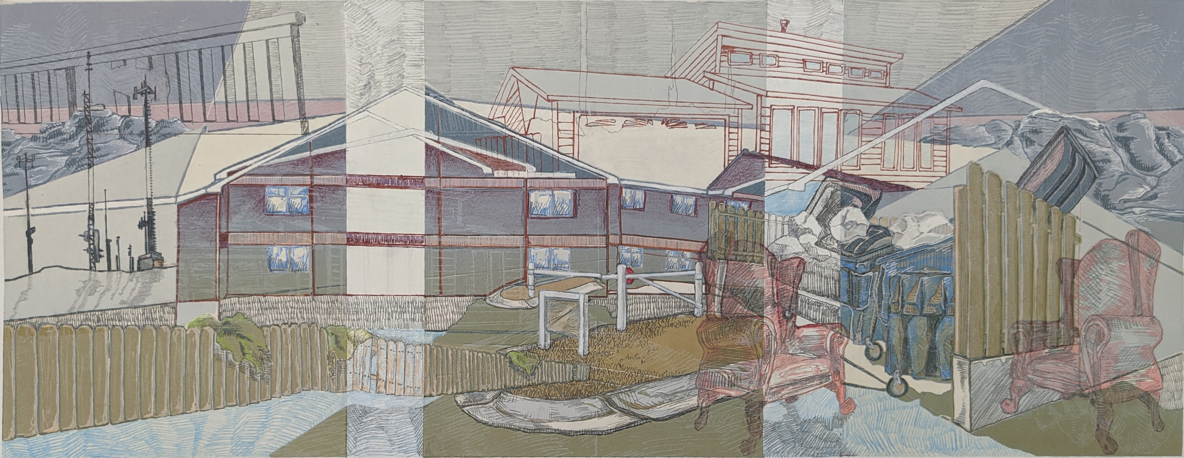 Greenrock 6201* (Joanie), 39'' x 20'', reductive linoleum cut print with silkscreen printing, graphite, drafting pencil, colored pencil, and paint marker, 2022