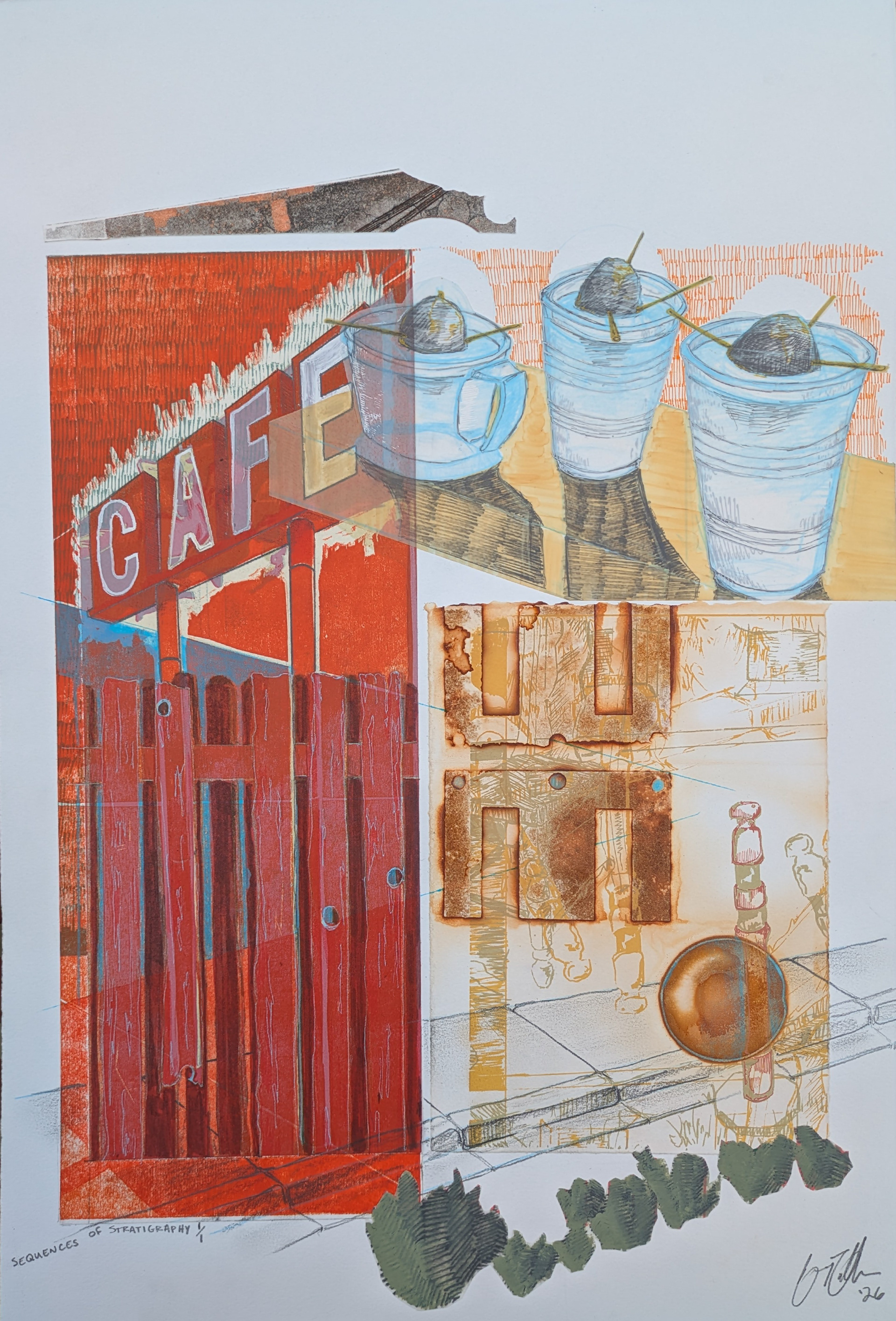 Sequences of Stratigraphy, 15" x 22", Multi-block reductive woodcut, screenprinted rust print, etching, and collage with drafting pencil, graphite, gel pen, pen, and paint marker, 2026