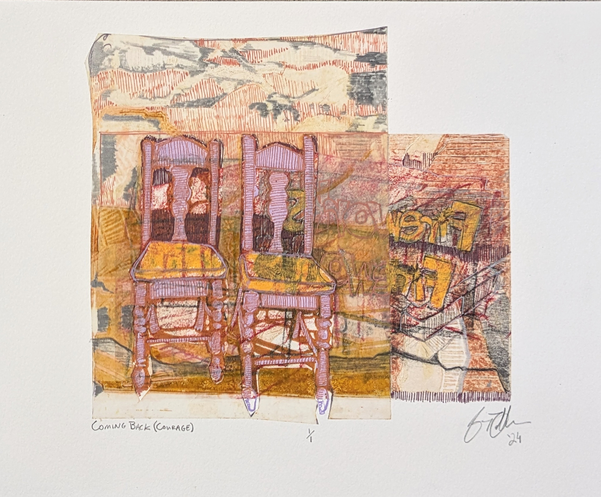 Coming Back (Courage), 10'' x 8'' linoleum block print and frottage with printed acetate collage, graphite, acrylic paint, gel pen, and acrylic paint marker, 2024