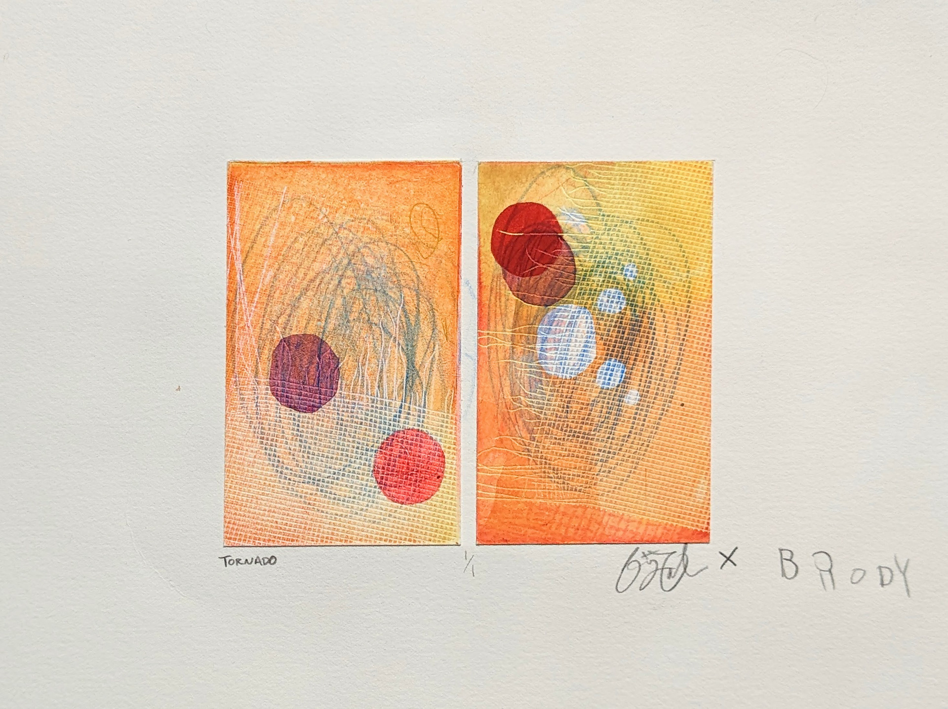 Tornado, 10'' x 8'', intaglio-based monoprint with chine collé and colored pencil, 2023