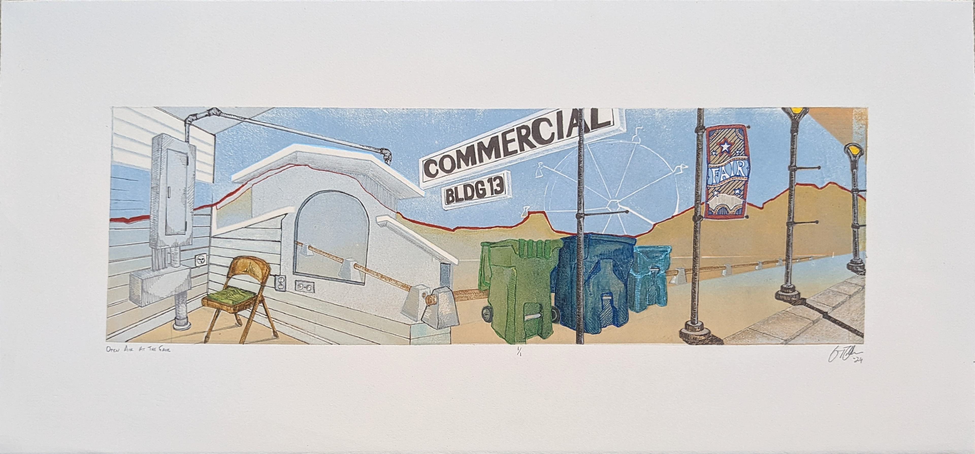 Open Air at the Fair, 27'' x 12'' reductive linoleum cut with graphite, gel pen, colored pencil, watercolor, and acrylic paint marker, 2024