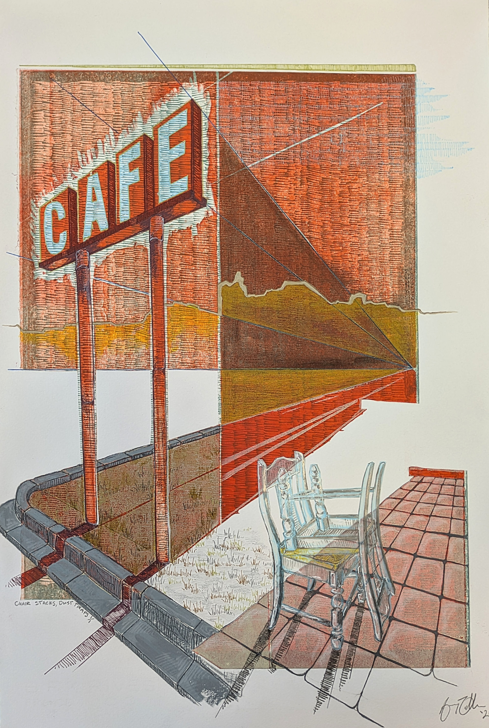 Chair Stacks, Dust Traps, 11'' x 21'' cut and pasted multi block reductive woodcut with graphite, colored pencil, acrylic paint, watercolor, and gel pen plus collaged drawing on acetate, 2025