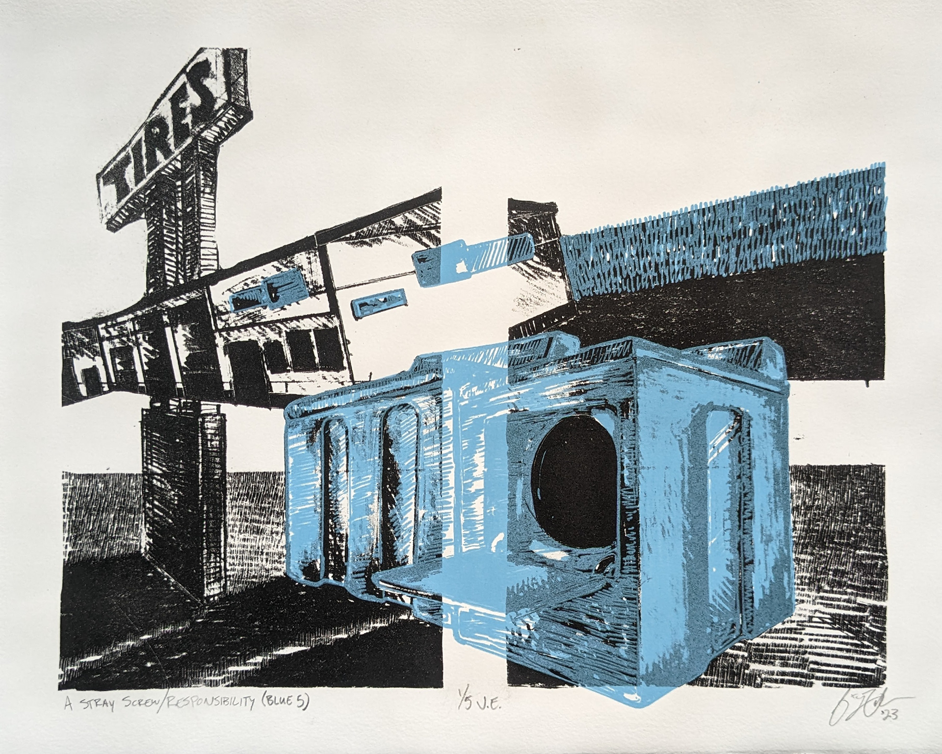 A Stray Screw/Responsibility (Blue 5), 14'' x 11'', Stone Lithography with Screen Printing, 2023