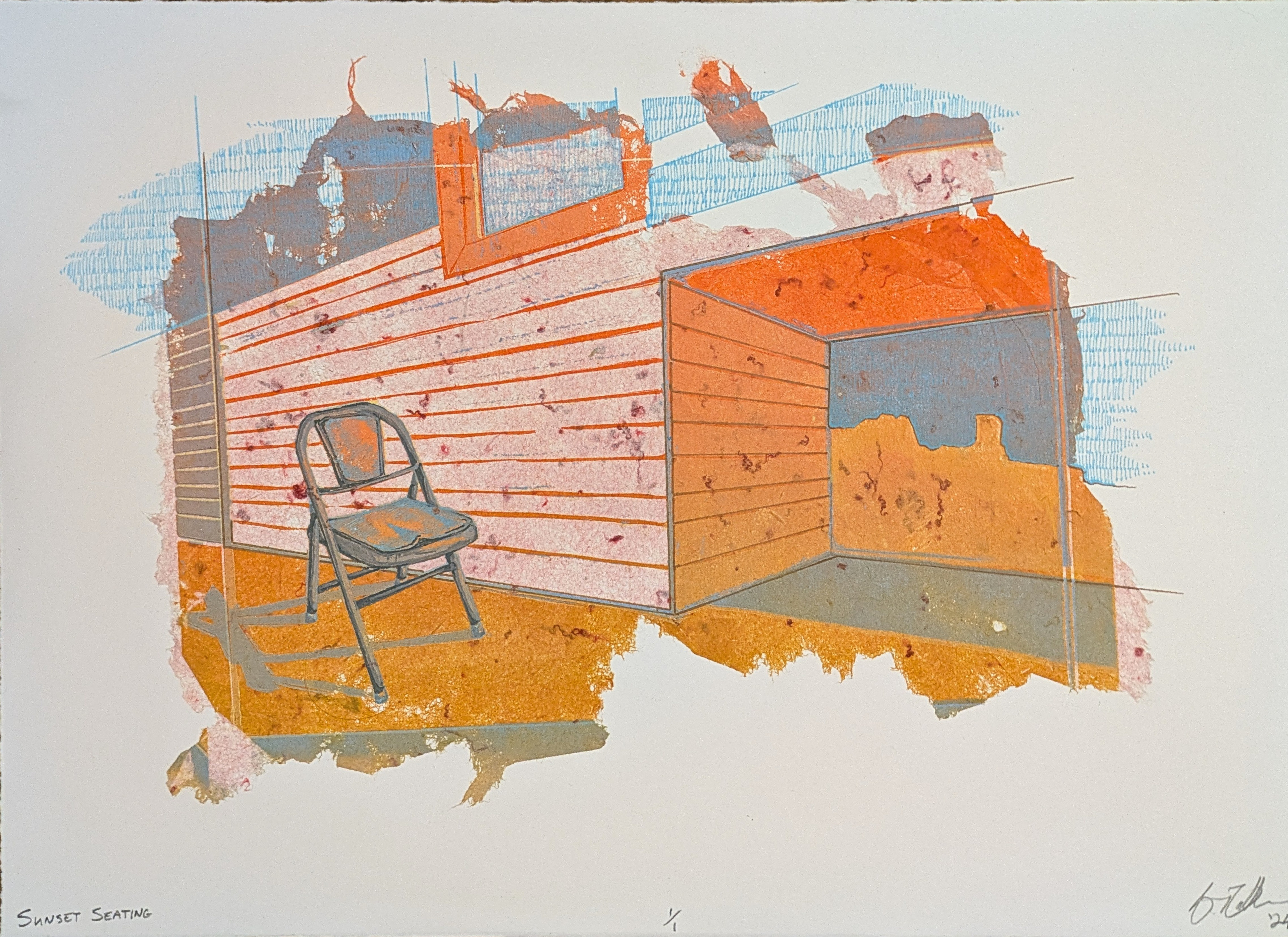 Sunset Seating, 14'' x 10'' reductive linoleum cut printed on handmade recycled cotton paper with gel pen and colored pencil, 2024