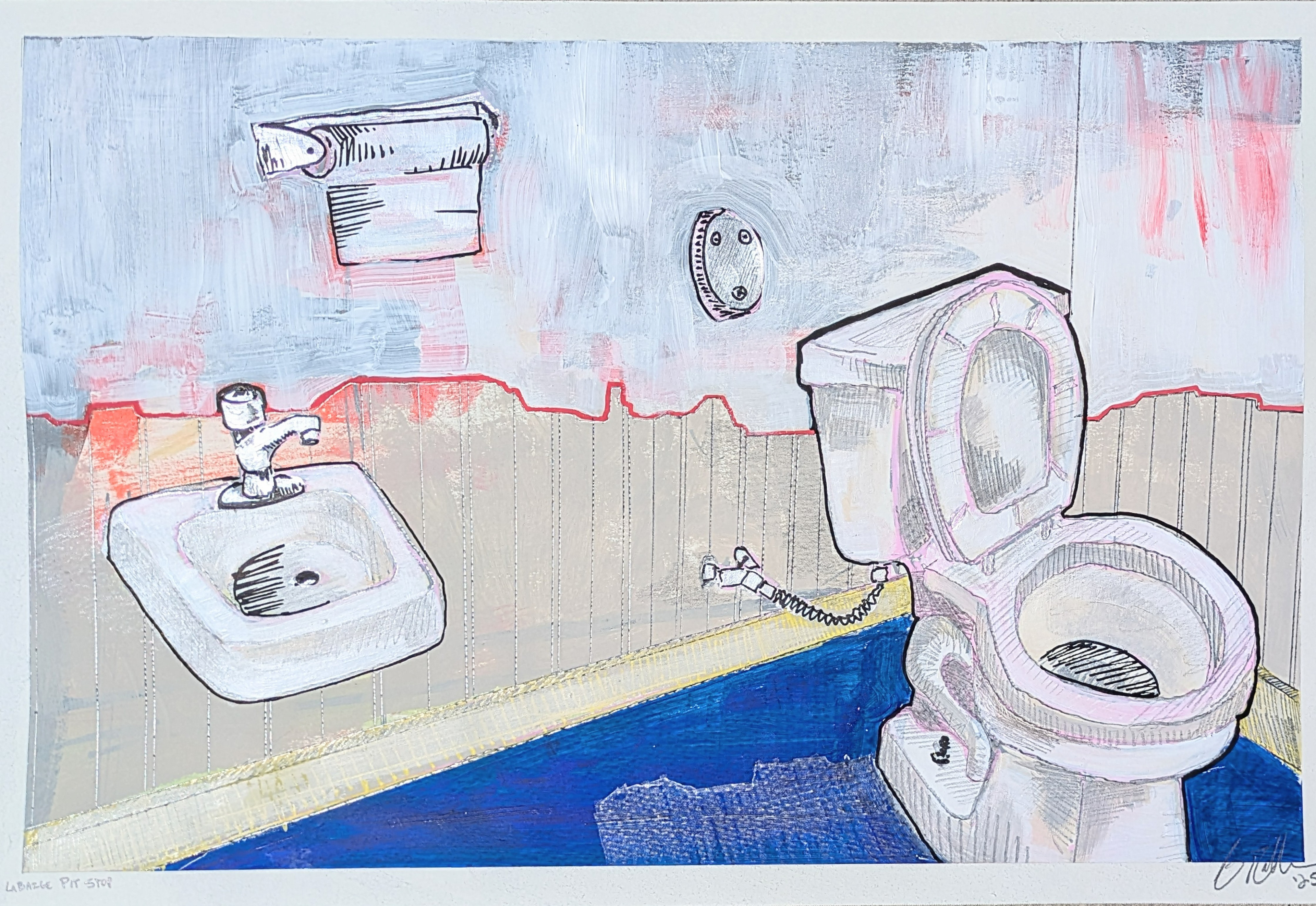 LaBarge Pit Stop, 18'' x 12'' acrylic paint, latex paint, gesso, paint markers, and graphite on paper, 2025