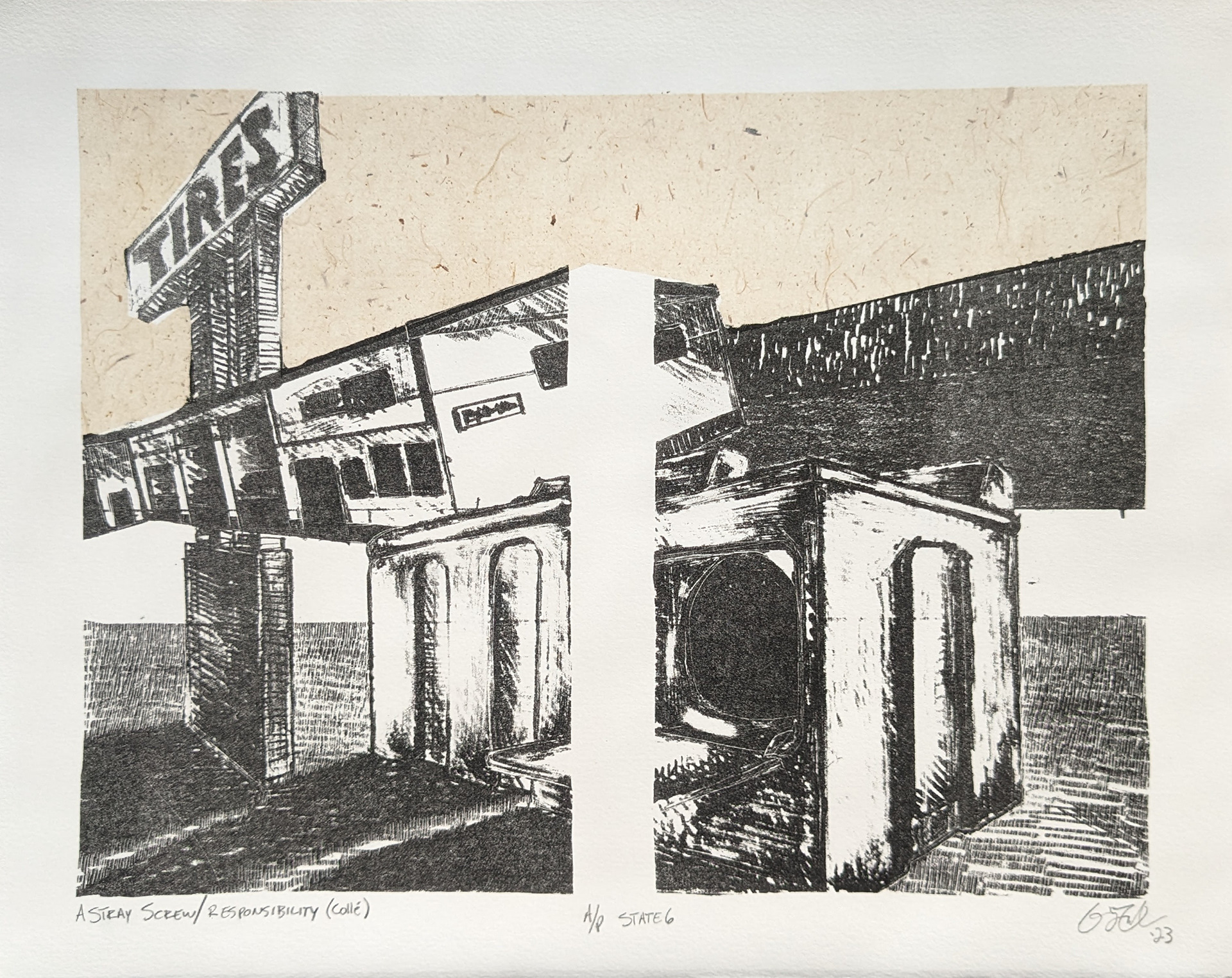 State 6, 14'' x 11'', Stone Lithography with Chine Collé, 2023