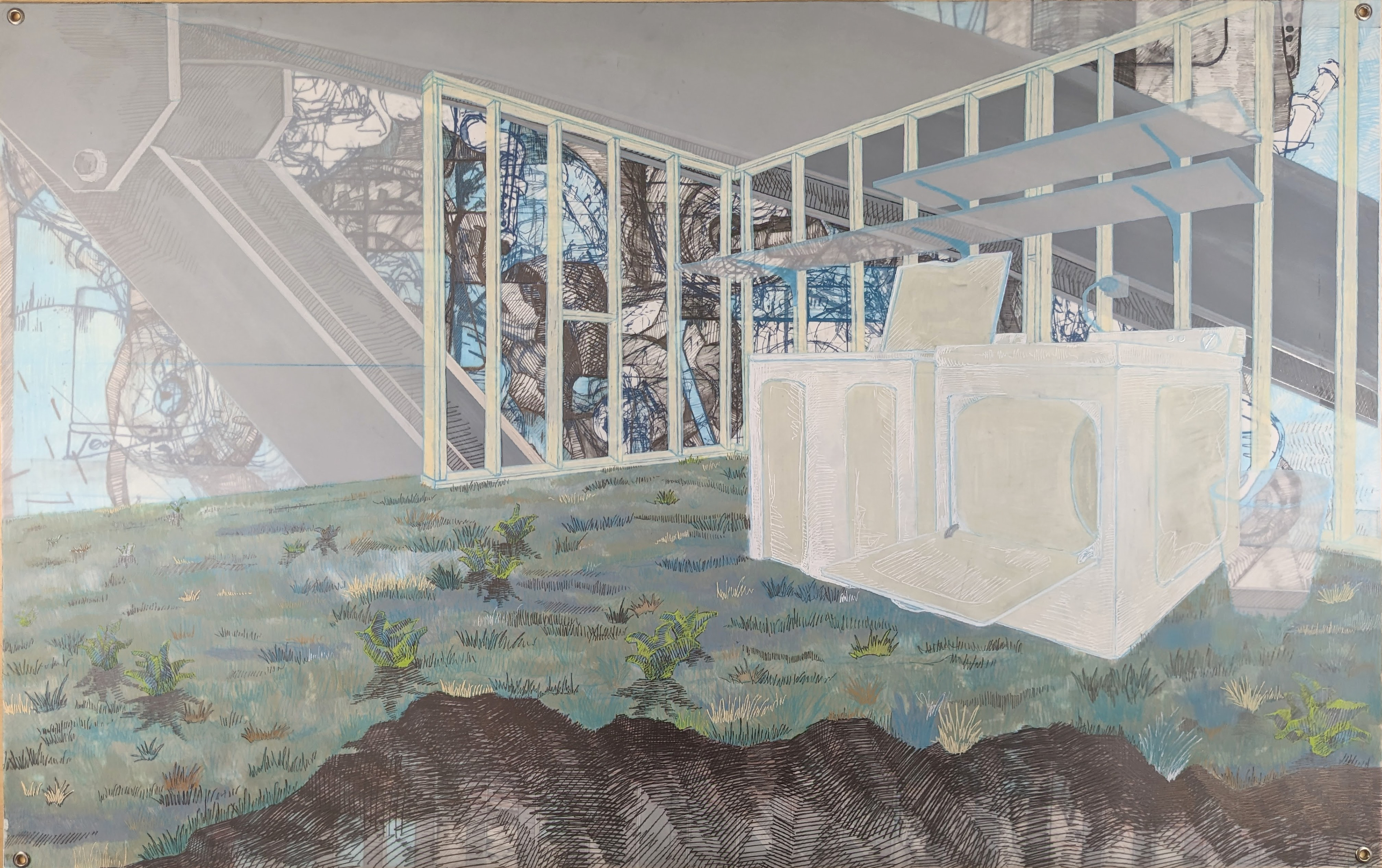 Starched Collars, 40’’ x 25'', drafting pencil, graphite, and acrylic paint with silkscreen printing on frosted mylar, 2023