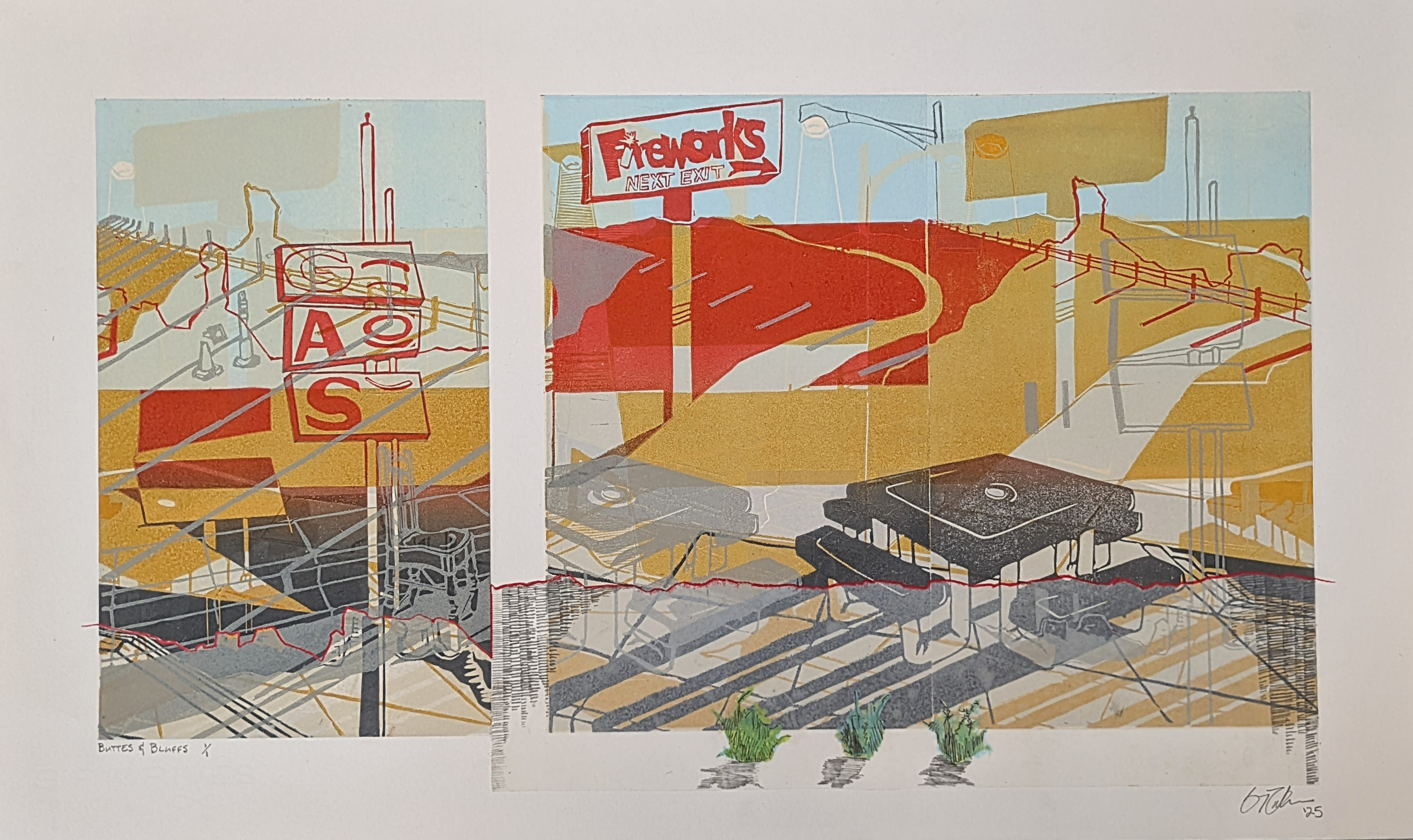 Butes & Bluffs, 26'' x 15'' multi block reductive linoleum cut with acetate, graphite, drafting pencil, and acrylic paint marker, 2025