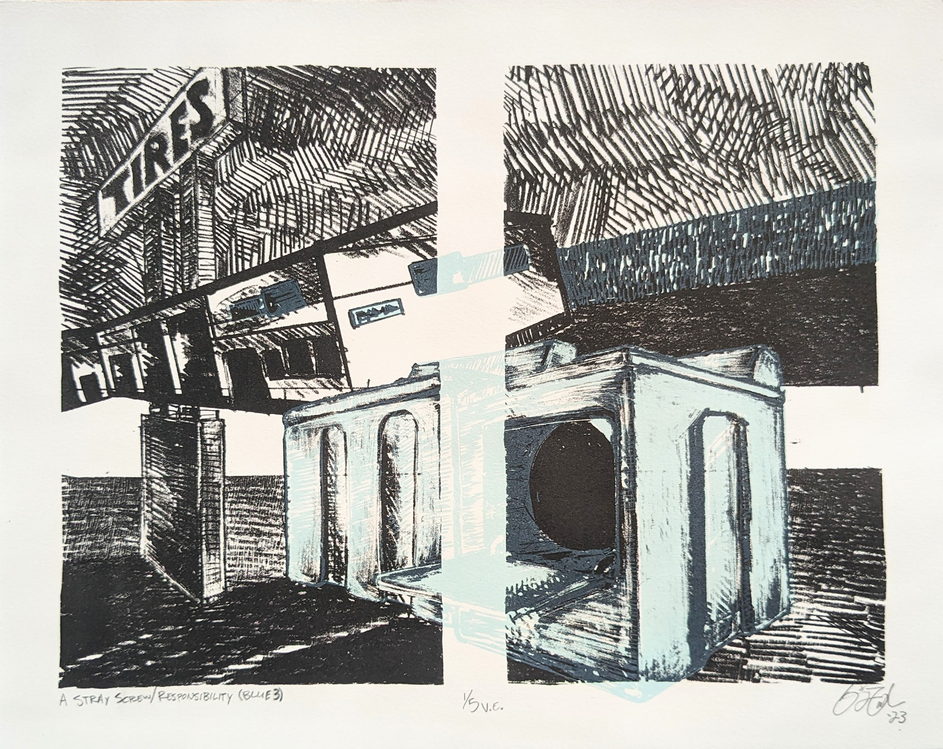 A Stray Screw/Responsibility (Blue 3), 14'' x 11'', Stone Lithography with Screen Printing, 2023
