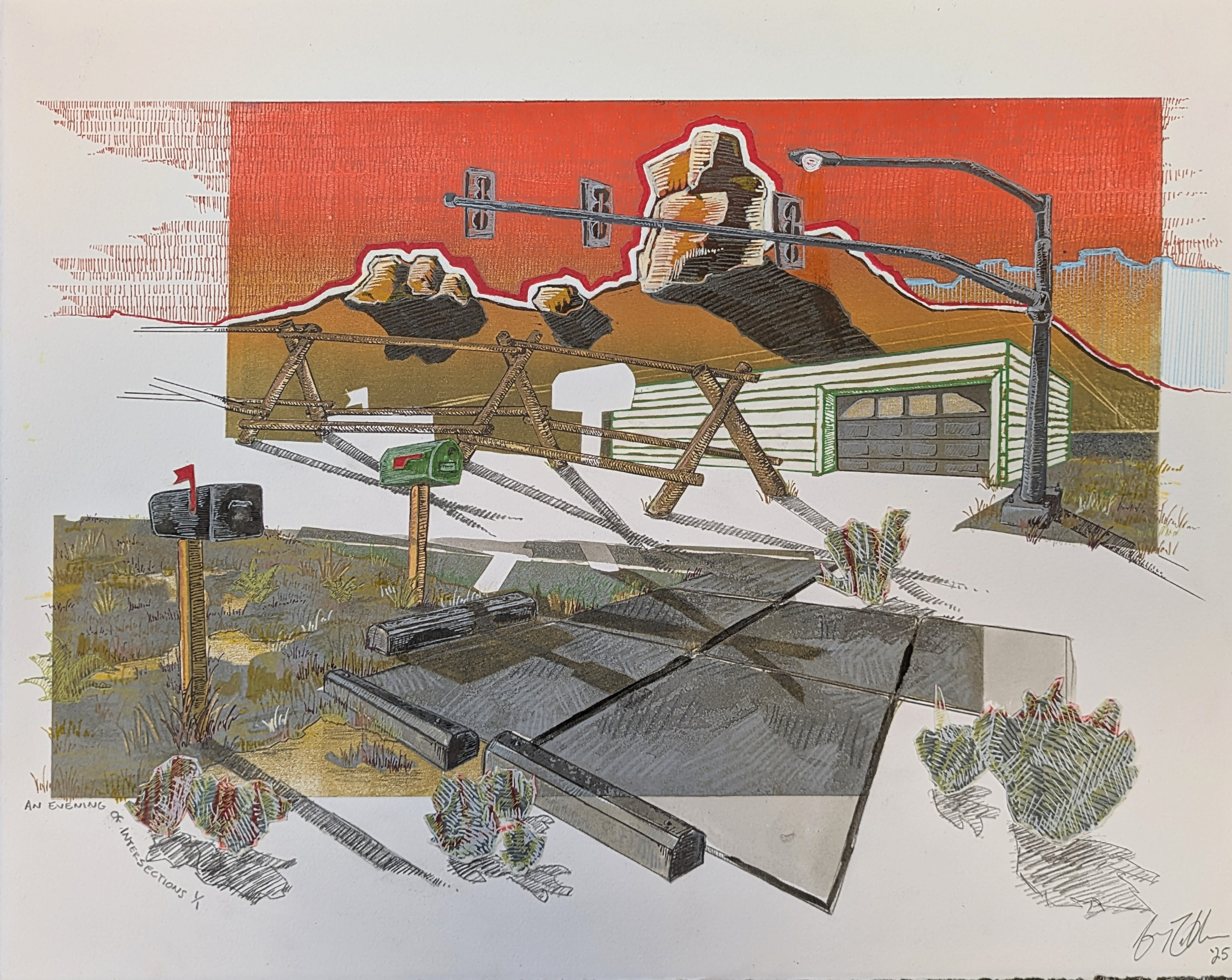An Evening of Intersections, 18'' x 17'' reductive woodcut and collé with graphite, watercolor, gel pen, acrylic paint marker, and collaged acetate drawing, 2025
