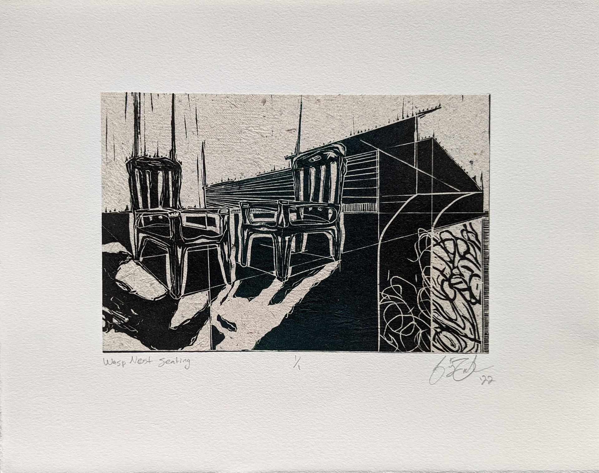 Wasp Nest Seating, 14" x 11", linocut on handmade paper, 2022