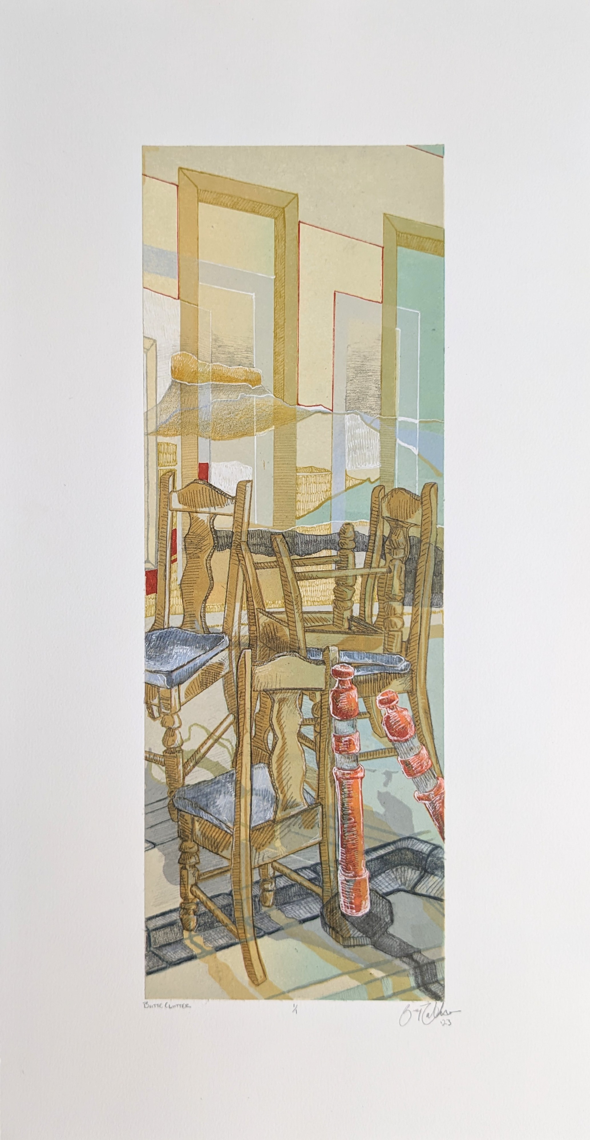 Butte Clutter, 10'' x 17'', multi block reductive linoleum cut with silkscreen, graphite, drafting pencil, acrylic paint marker, and gel pen, 2023 