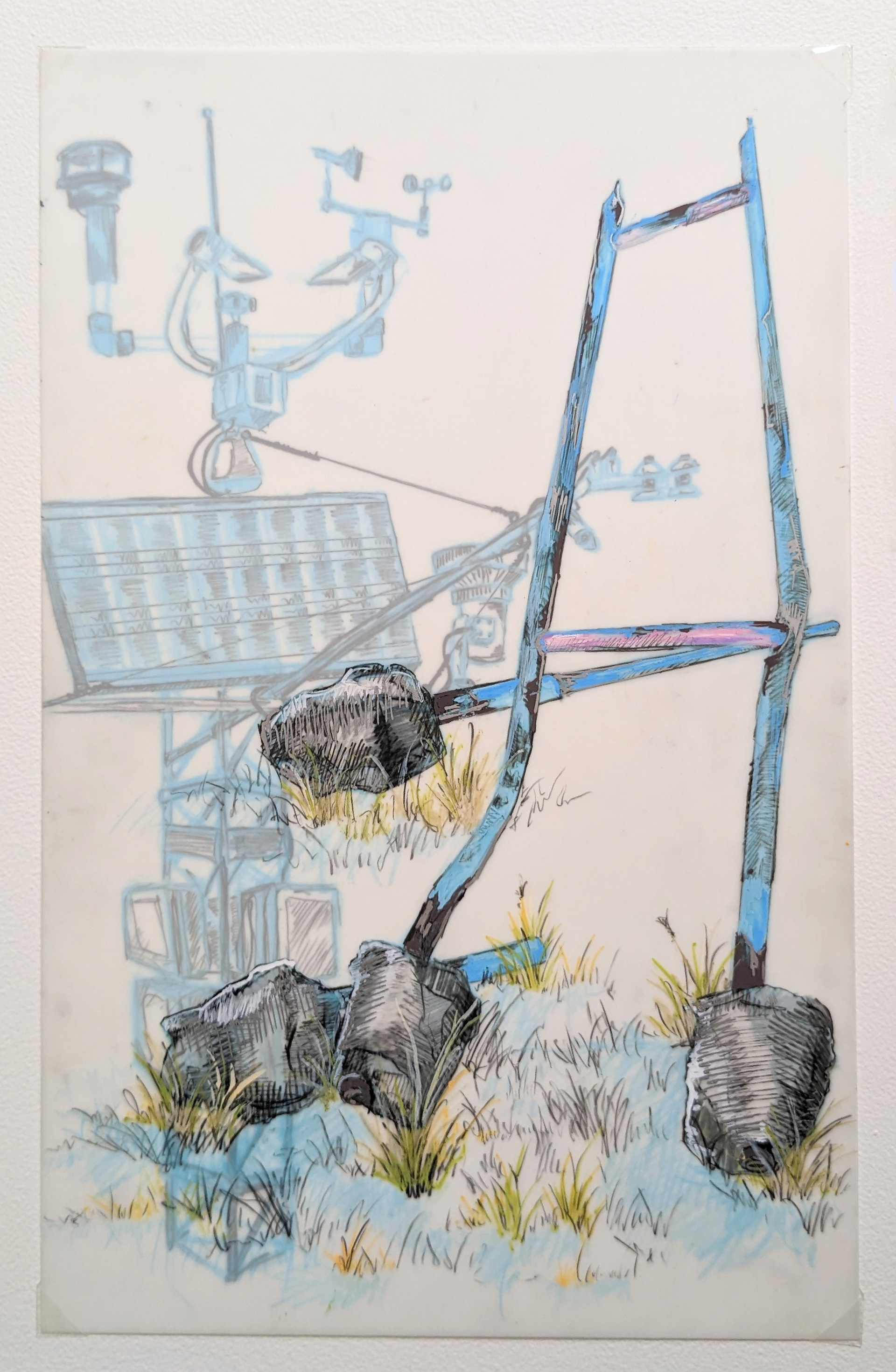 Layered Sketchbook Project 1, 7'' x 11'', drafting pencil, graphite, gel pen, and paint marker on frosted mylar, 2022