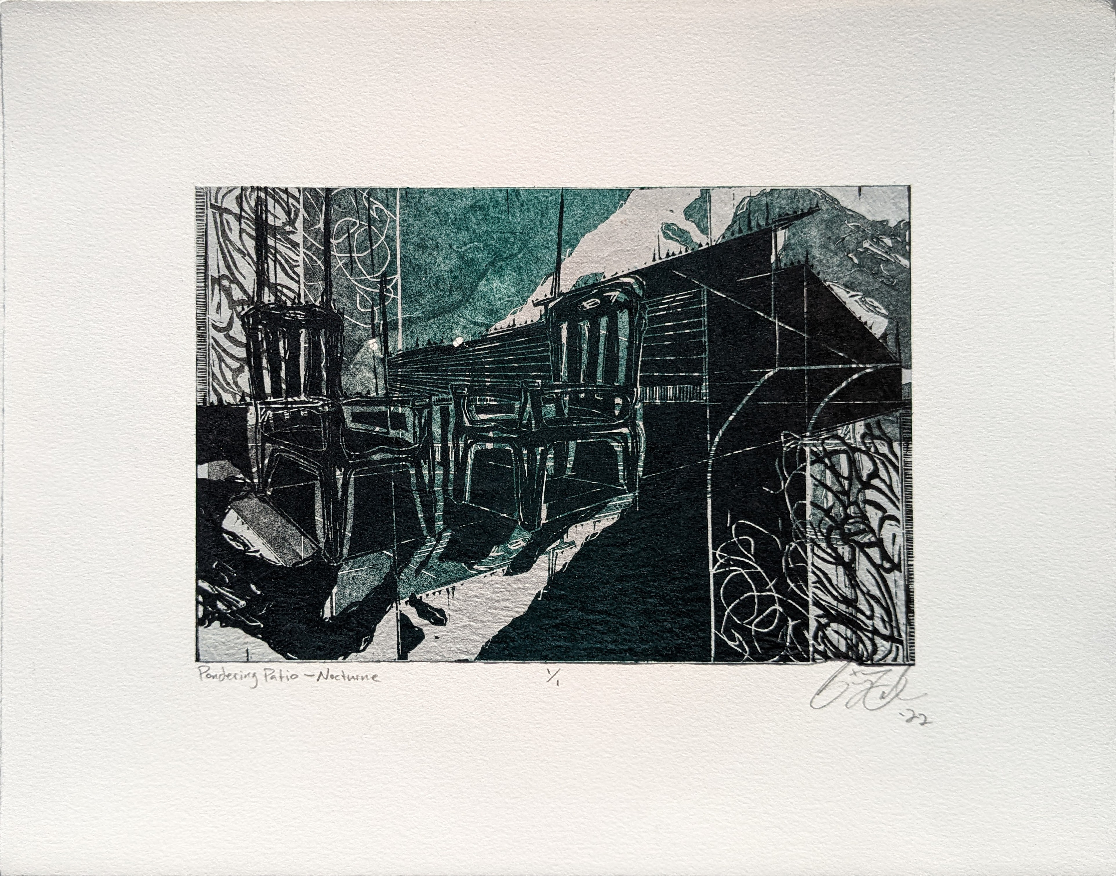 Pondering Patio--Nocturne, 14" x 11", linocut on handmade paper, 2022