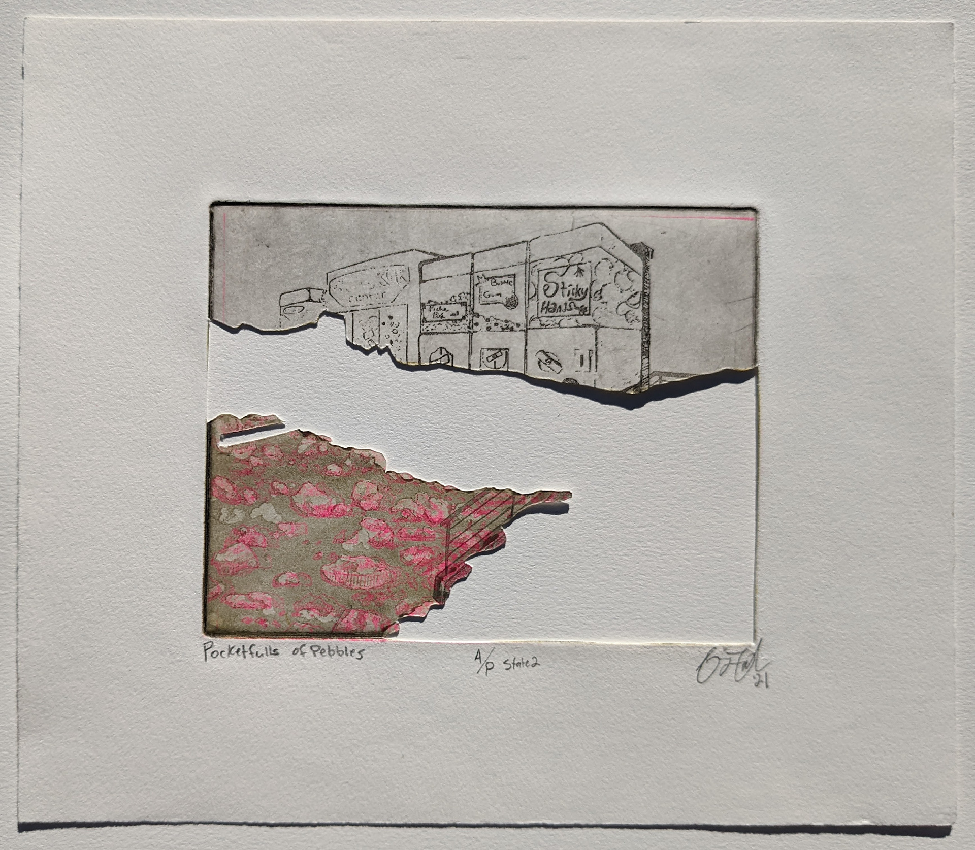 Pocketfulls of Pebbles (A/P), 10'' x 8.5'', multiple plate etching with risograph printing, 2021