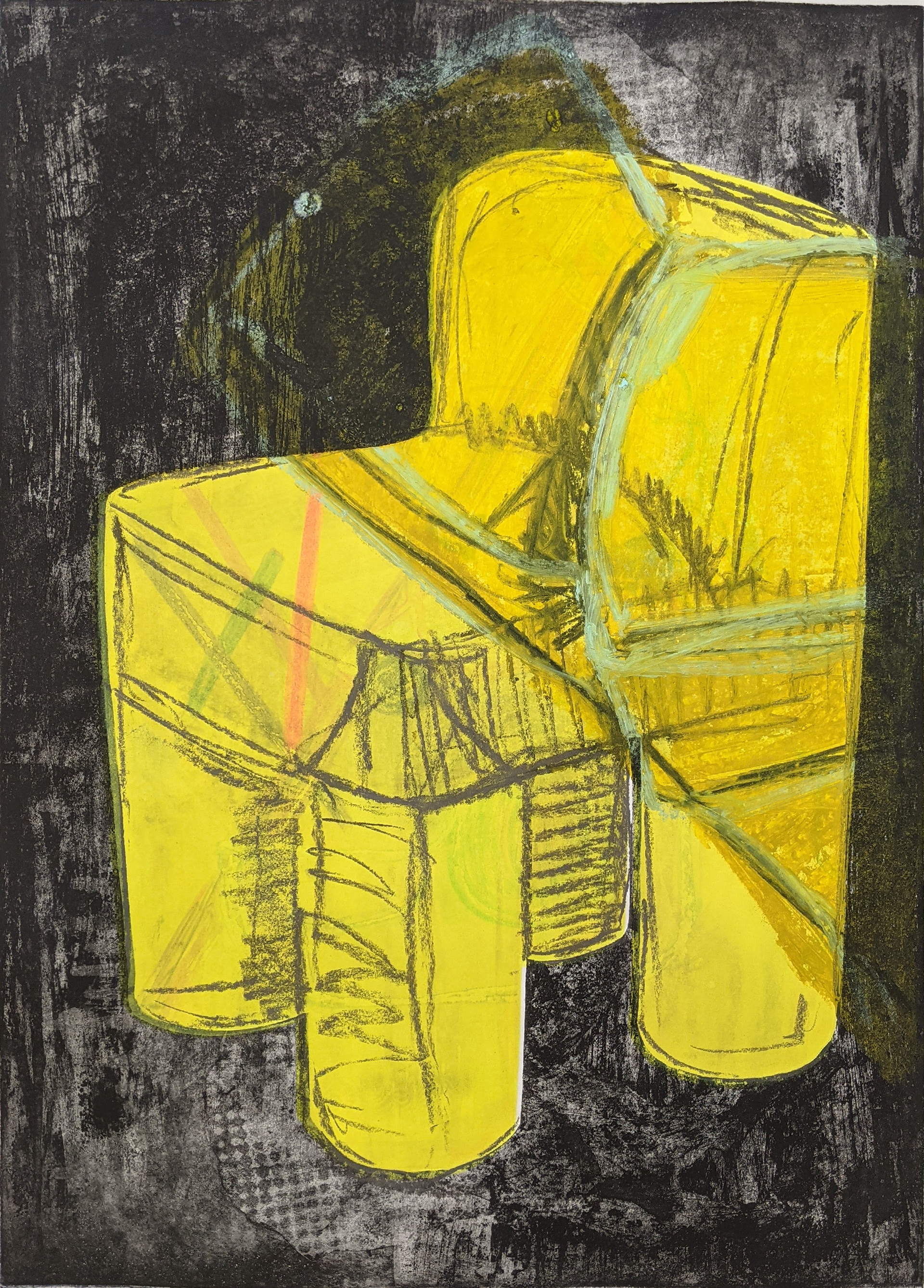 Cast Over Me and My Corner, 18.5'' x 25.5'', etching with monotype screen printing, oil sticks, pastels, and oil paint2021