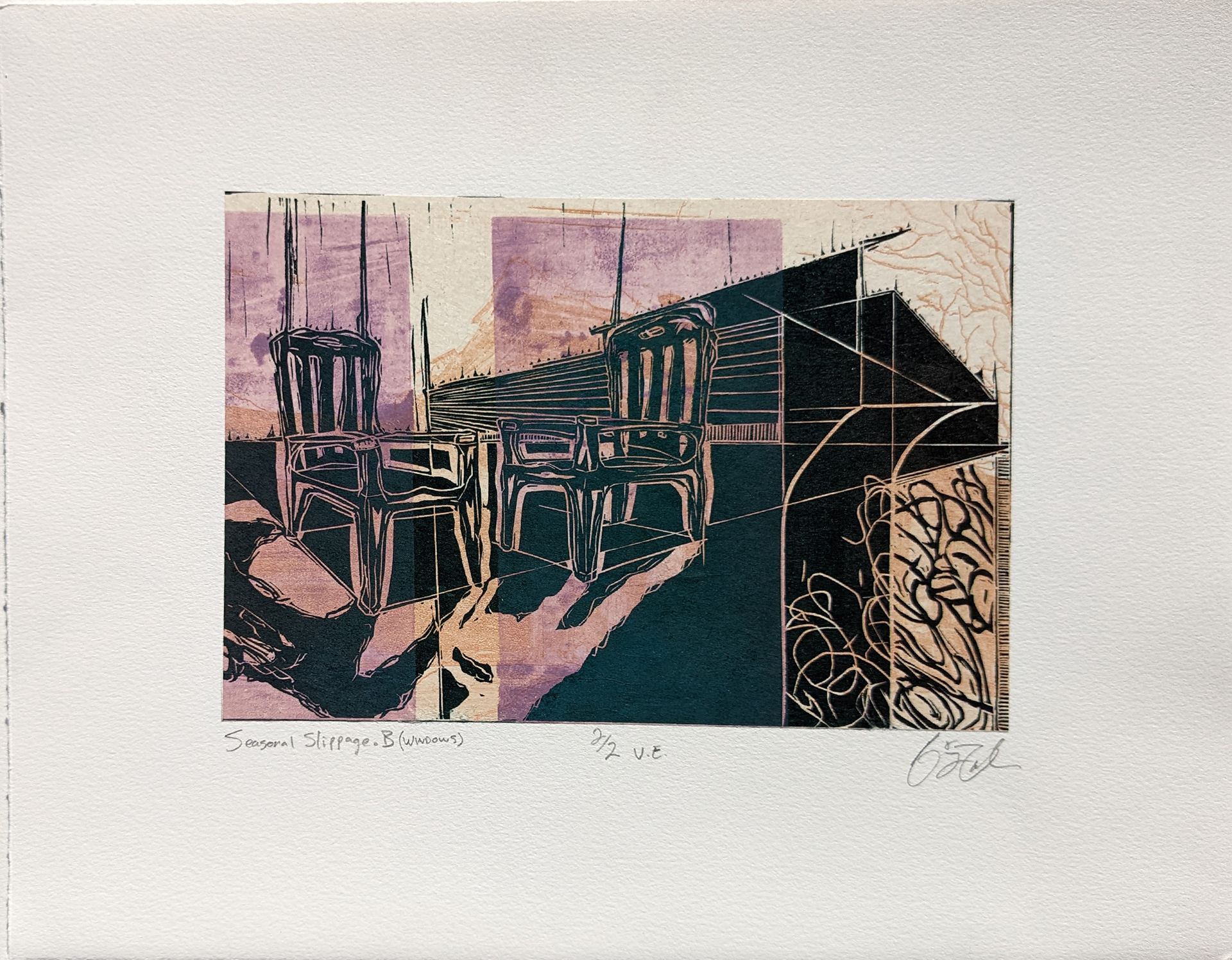 Seasonal Slippage.B (Windows), 14" x 11", linocut on mounted intaglio etching, 2022
