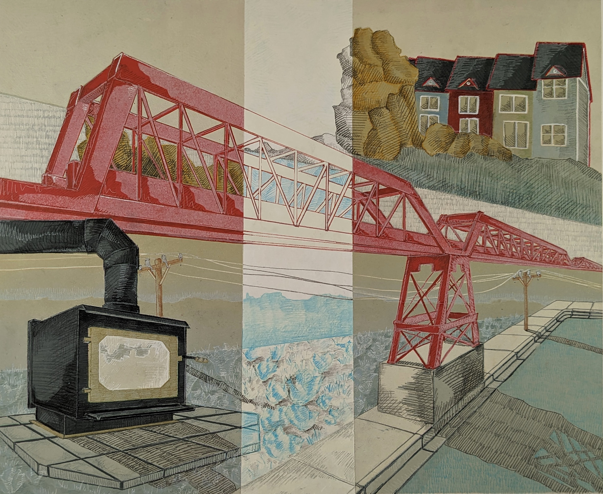 Old Constants, And New, 28'' x 24'' ,reductive linoleum cut with silkscreen printing, graphite, drafting pencil, colored pencil, gel pen, and paint marker, 2023