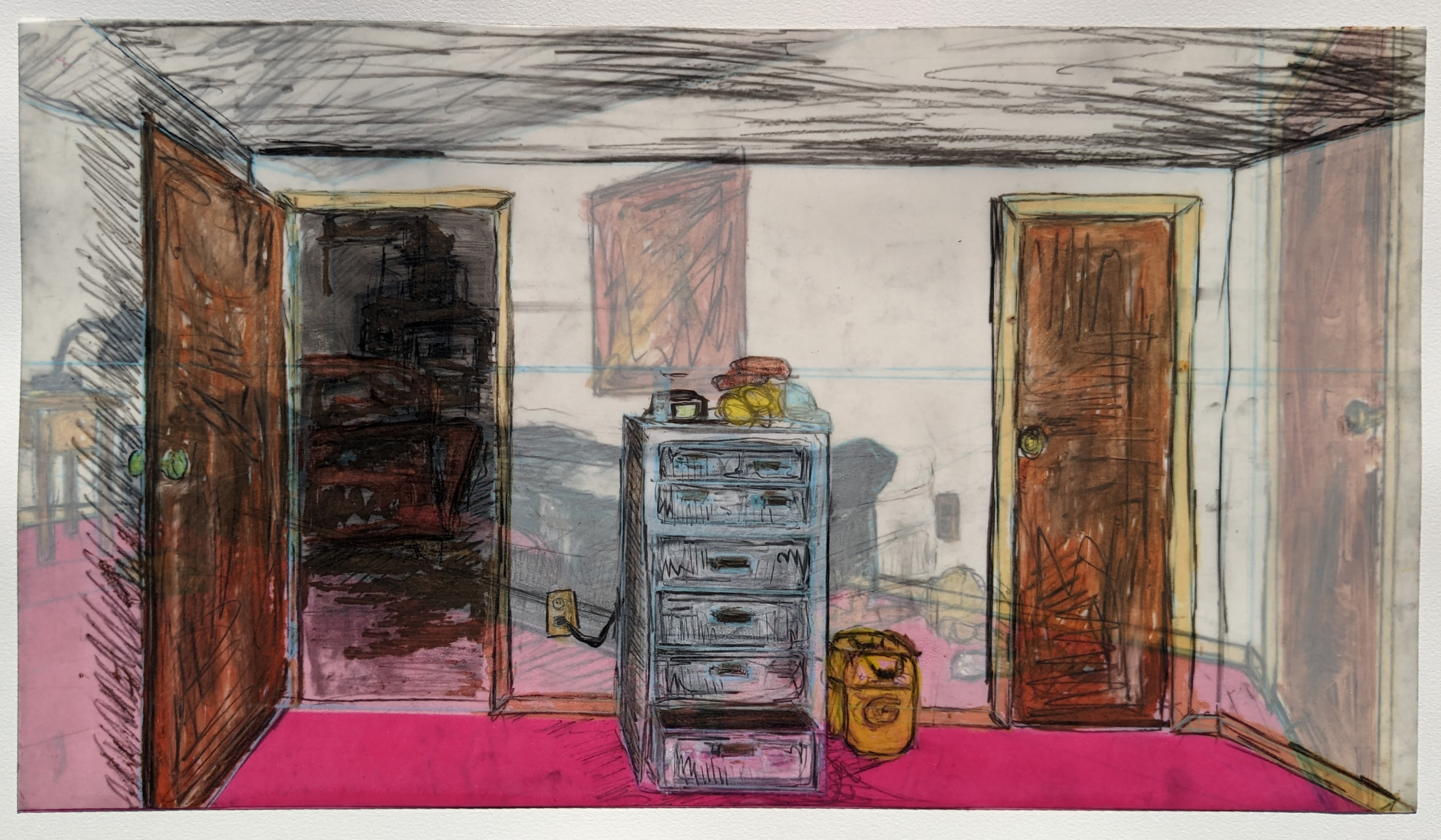 Bedroom.A, 24" x 13.5", manual offset printmaking with gel pen, ballpoint pen, drafting pencil, and charcoal, 2021