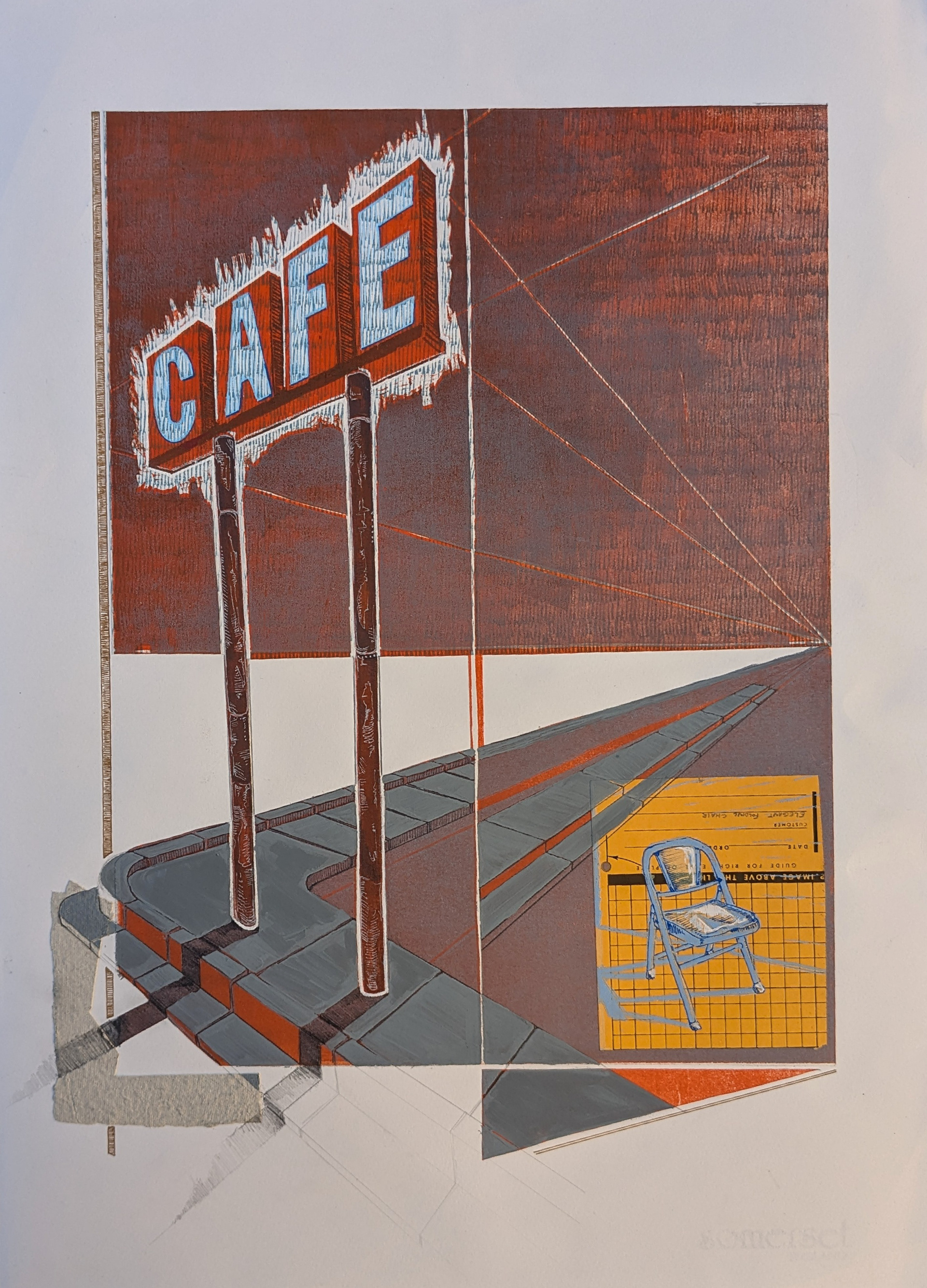 An Elegant Folding Chair, Truckstop Corner, 12'' x 22'' multiple block reductive woodcut with handmade paper and linocut collage, graphite, gel pen, drafting pencil, and acrylic paint, 2024
