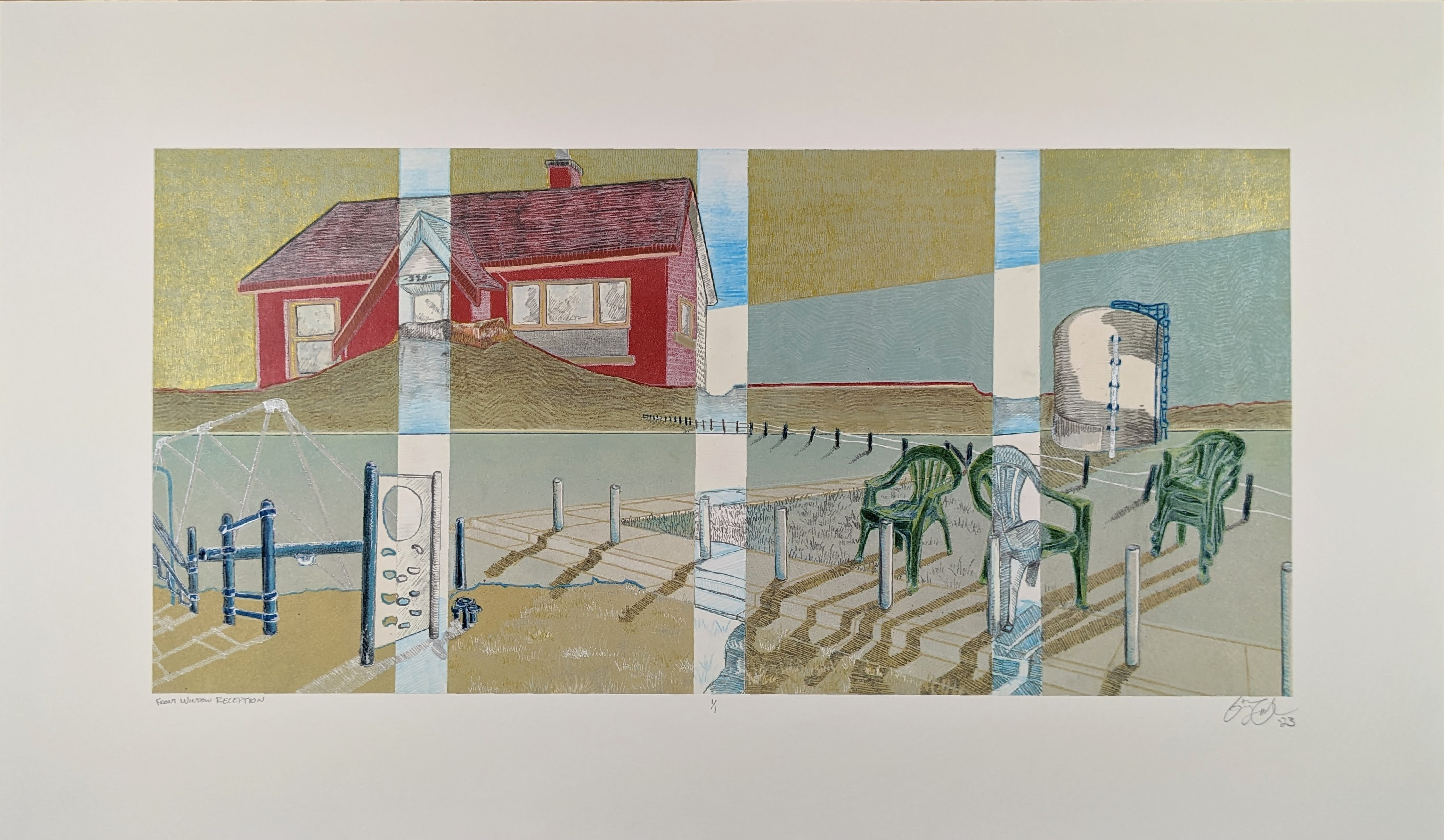 Front Window Reception, 29'' x 17'', reductive linoleum cut print with silkscreen printing, graphite, drafting pencil, colored pencil, and paint marker, 2023
