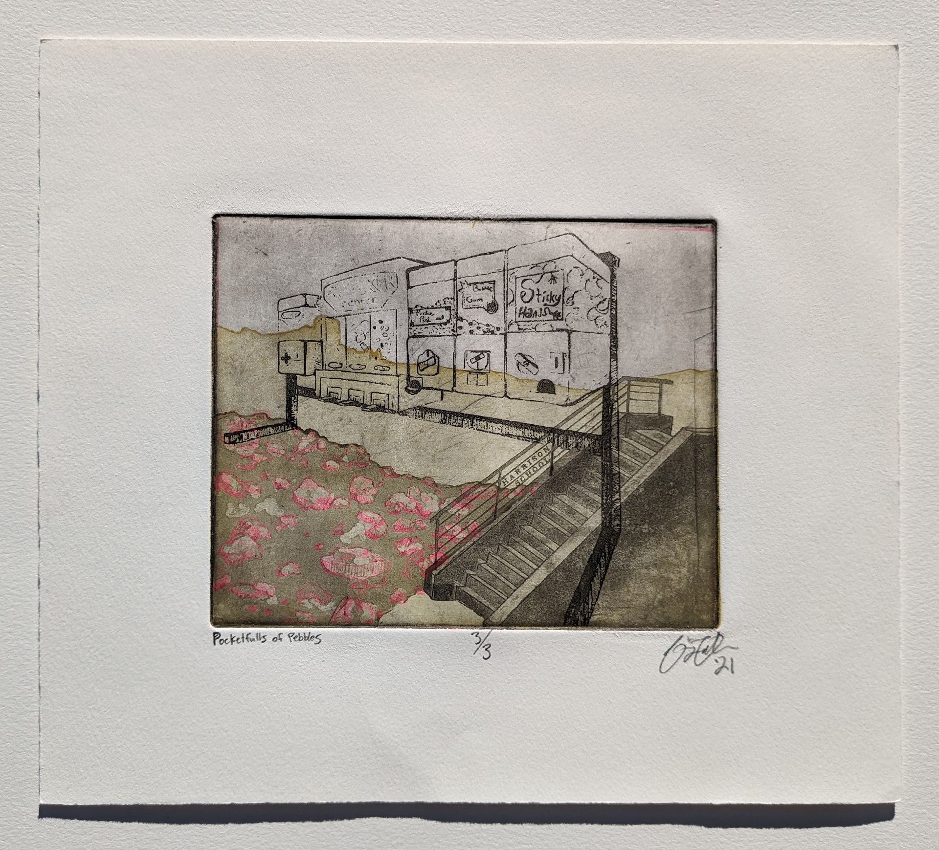Pocketfulls of Pebbles, 10'' x 8.5'', multiple plate etching with risograph printing, 2021