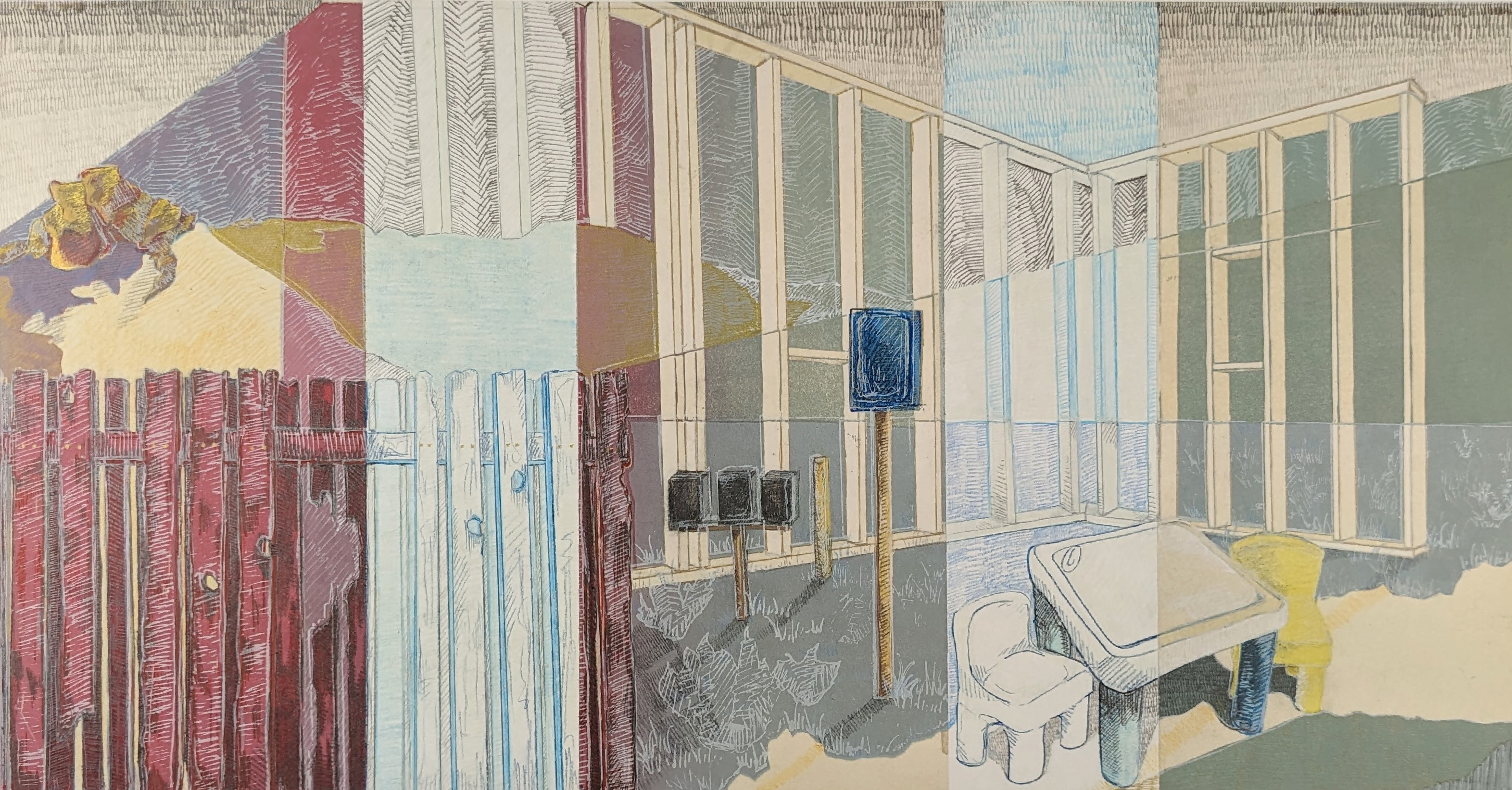 Tea Parties or Pit Stops, 35'' x 21'', reductive linoleum cut with silkscreen printing, graphite, drafting pencil, colored pencil, gel pen, and paint marker, 2023