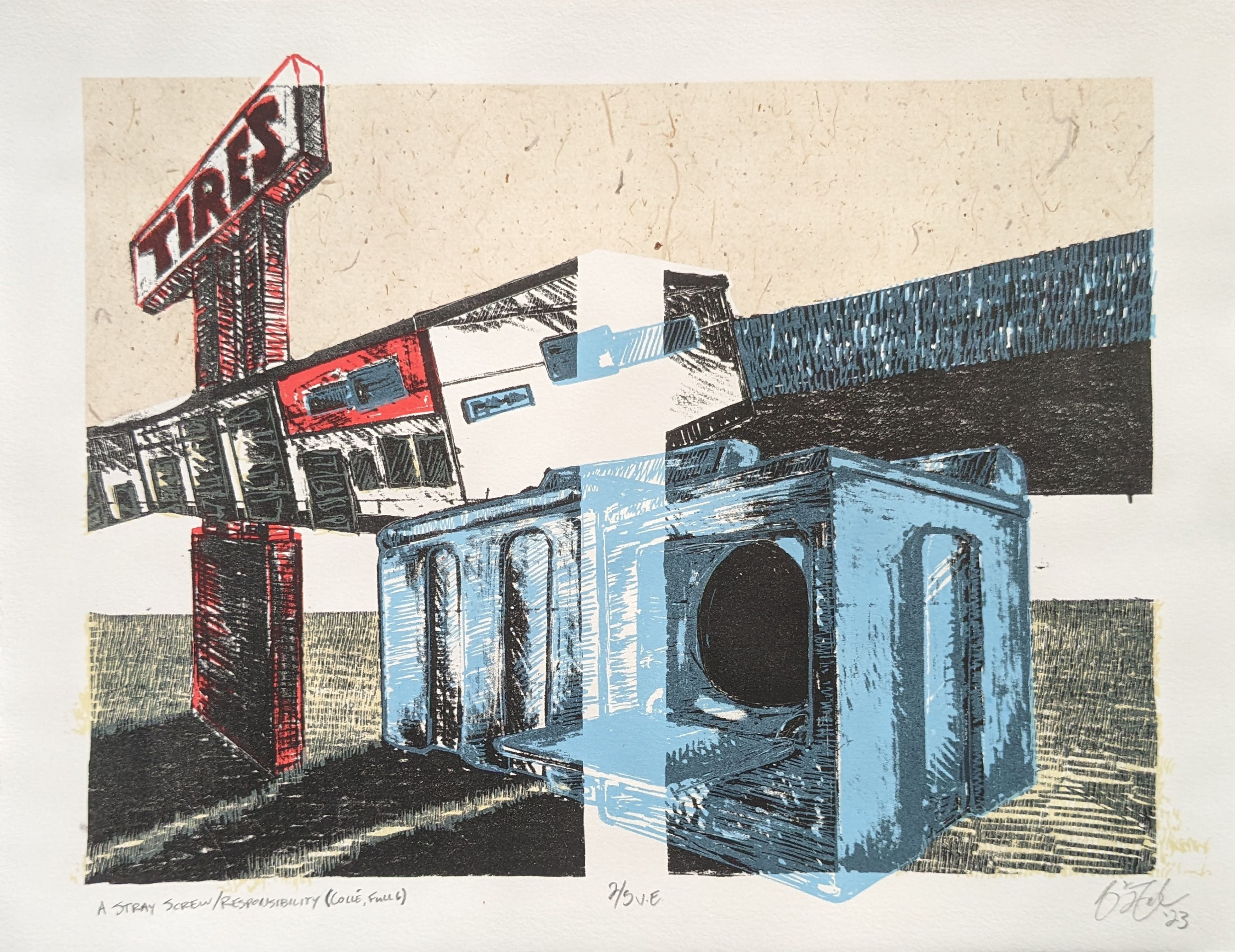 A Stray Screw/Responsibility (Collé, Full 6), 14'' x 11'', Stone Lithography with Screen Printing and Chine Collé, 2023