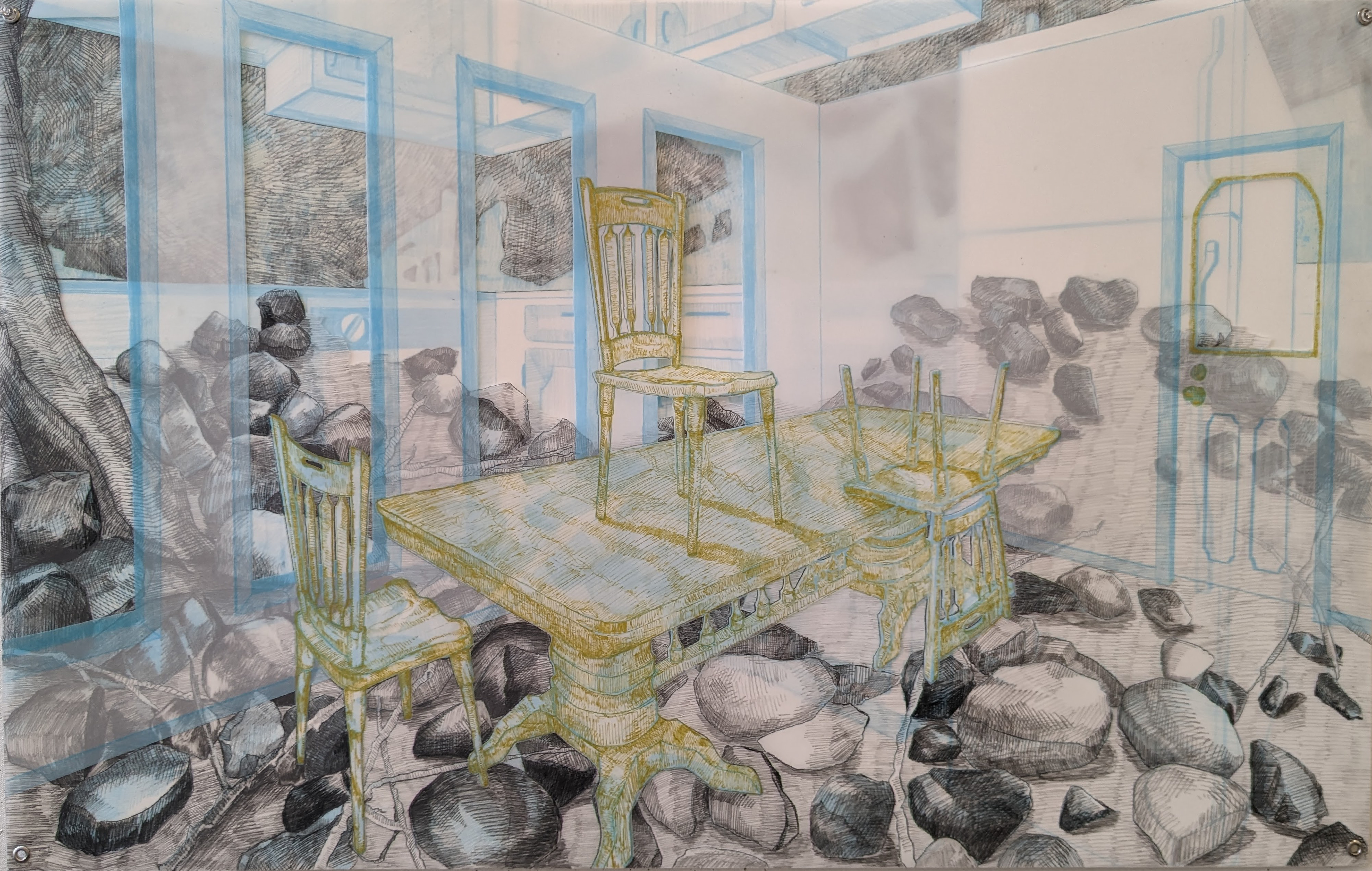 Stacks for Sweeping, 40'' x 25'', drafting pencil, graphite, gel pen, and acrylic paint pen on frosted mylar, 2023