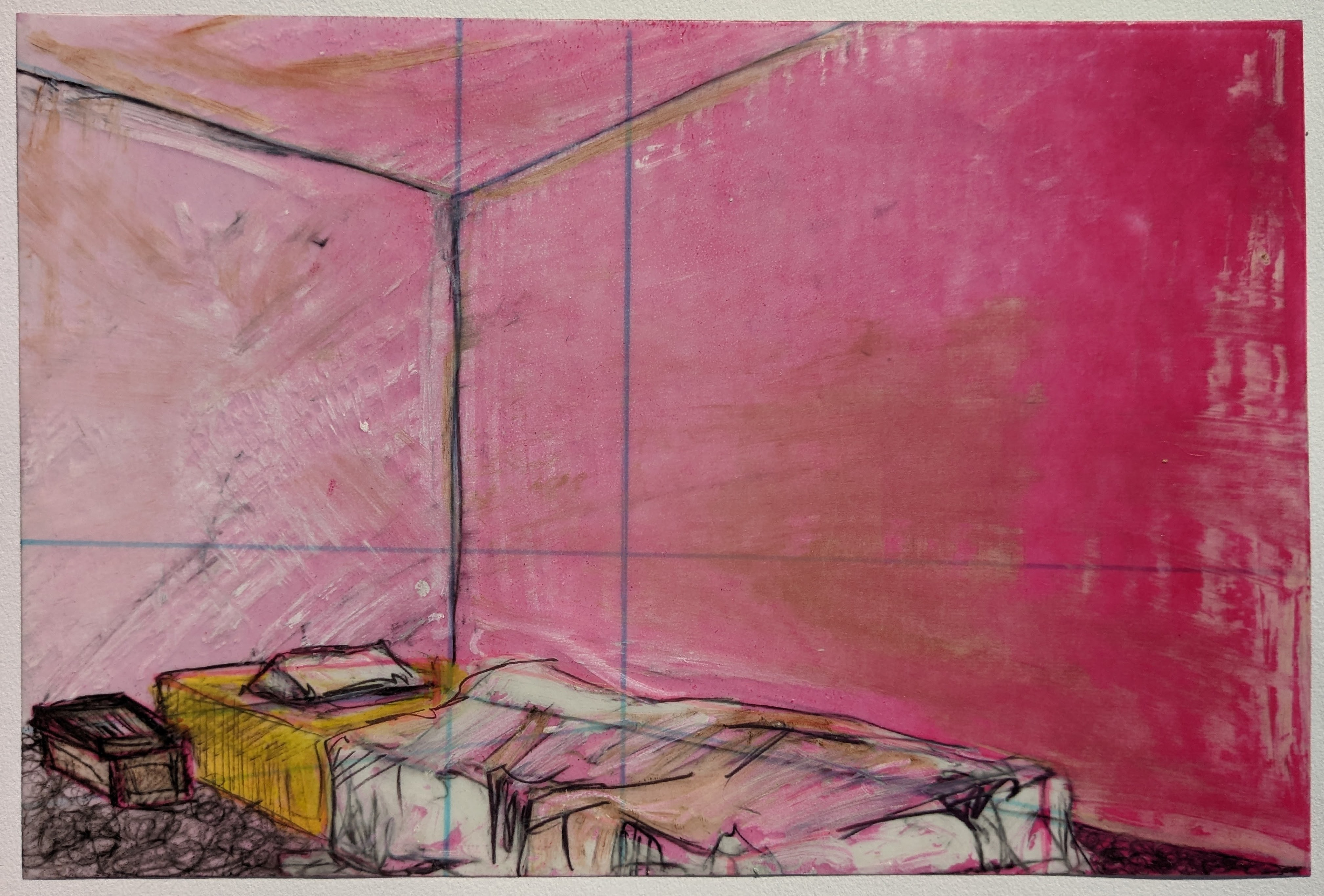 Moving to Yates, 15'' x 10'', manual offset printmaking with charcoal, oil sticks, and prismacolor marker on frosted mylar, 2022