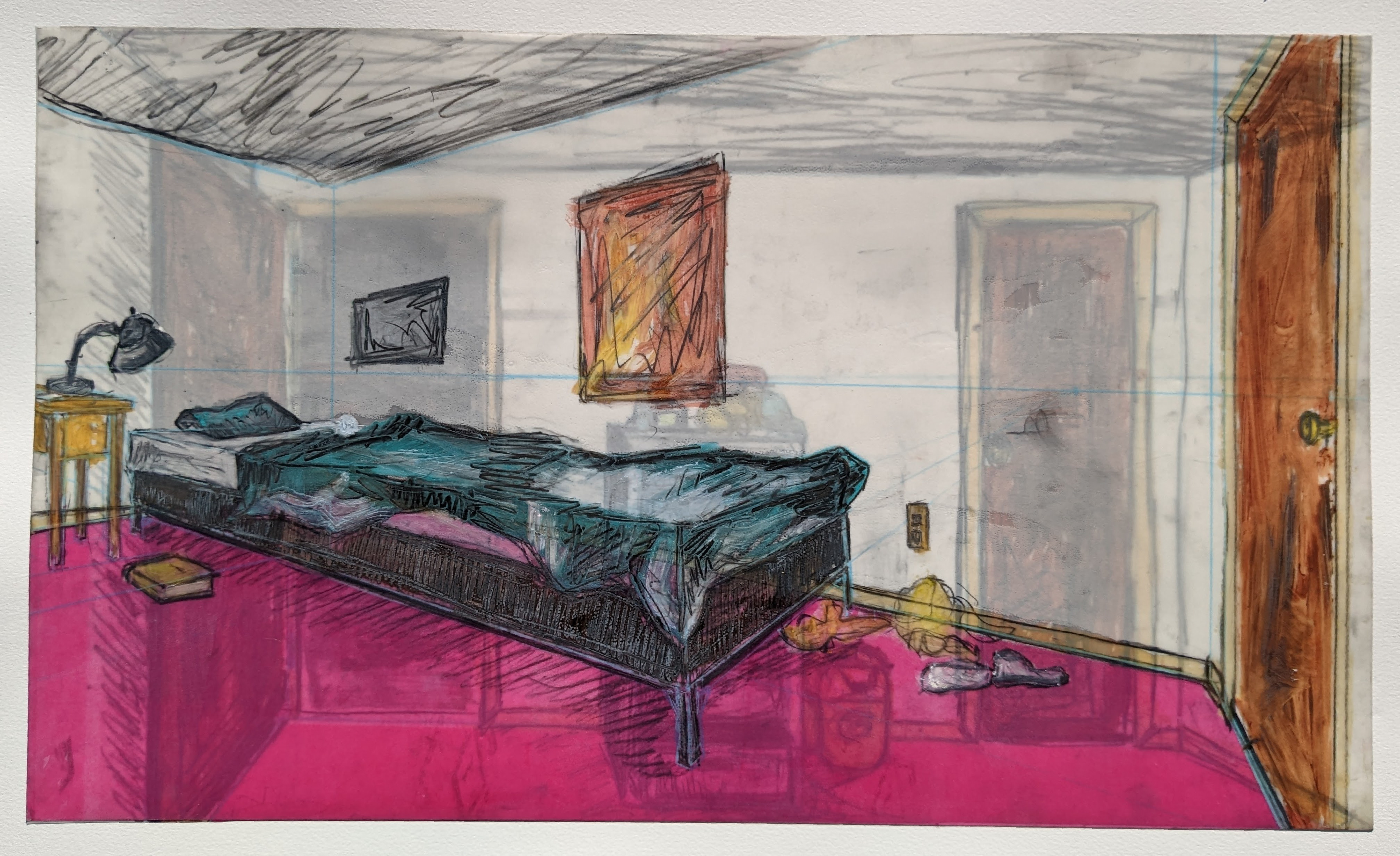 Bedroom.B, 24" x 13.5", manual offset printmaking with gel pen, ballpoint pen, drafting pencil, and charcoal, 2021