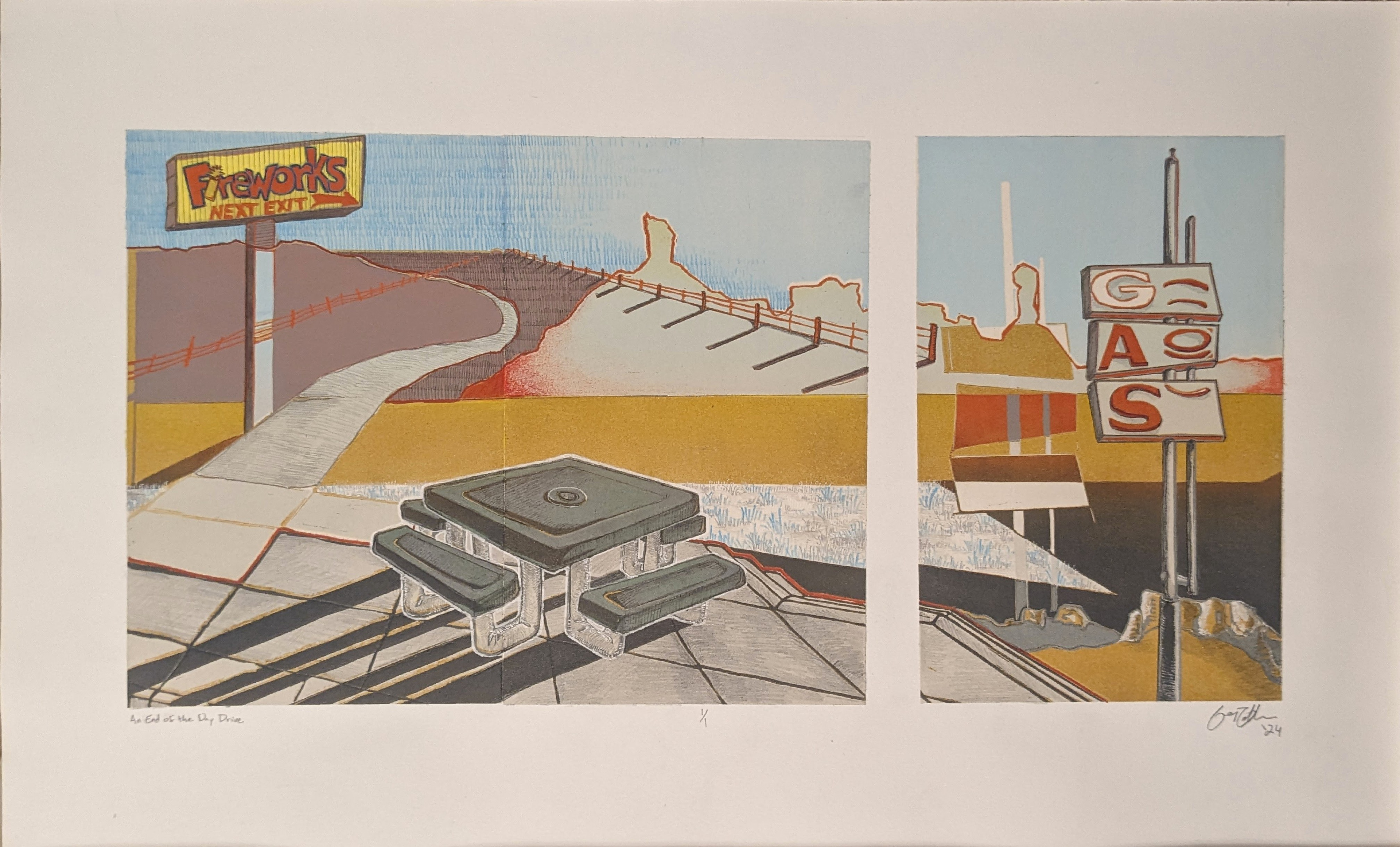 An End of the Day Drive, 28'' x 17'' reductive linoleum cut with drafting pencil, graphite, colored pencil, and acrylic paint marker, 2024