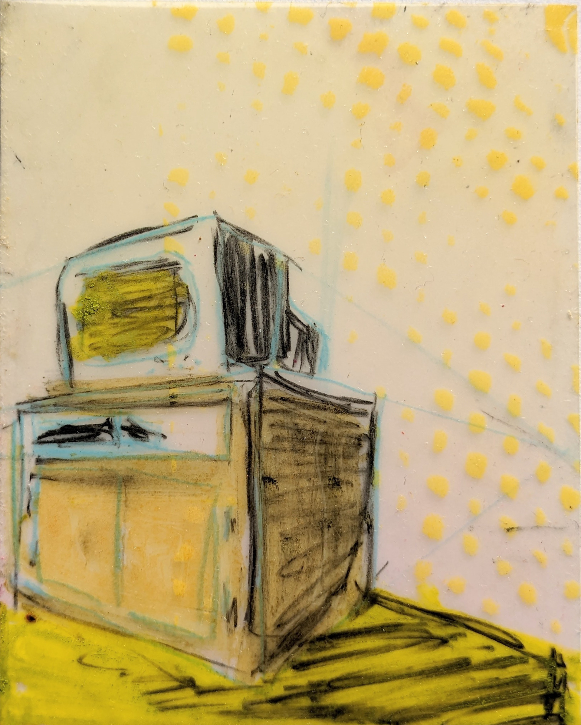TV Stands (detail), 4" x 5", manual offset printmaking on frosted mylar, 2022